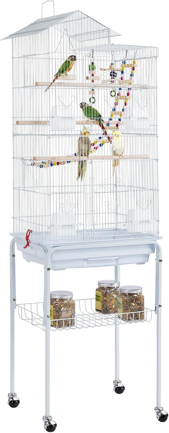 Yaheetech 62.5-inch Roof Top Flight Bird Cage for Parakeets Cockatiels Conures Finches Lovebirds Canaries Budgies Small Parrots, Large Birdcage with Detachable Rolling Stand, White