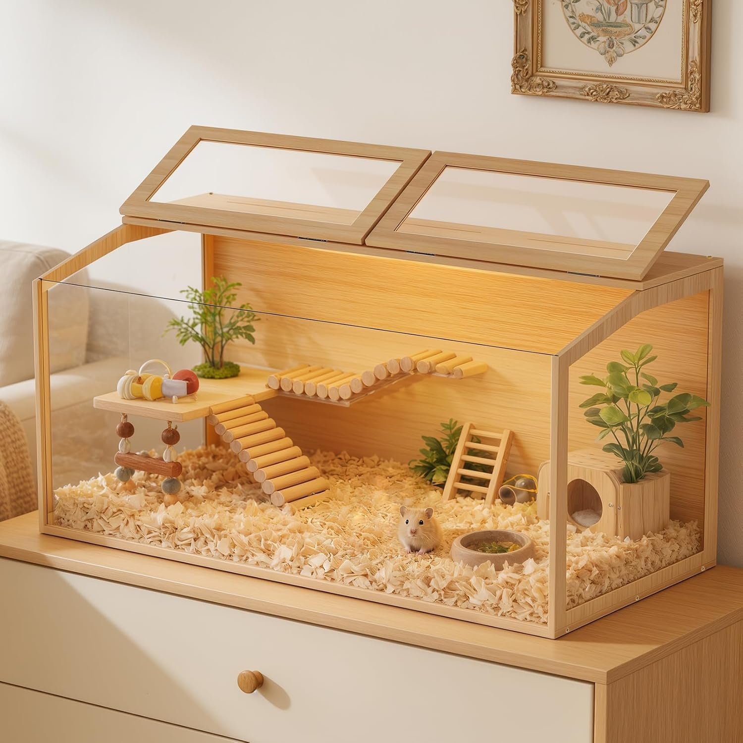 Hamster Cage: Wooden Small Animal Cage with Warm Light – 40Inch Extra Large Clear Hamster House Chewy Proof with Two Openable Breathable Top