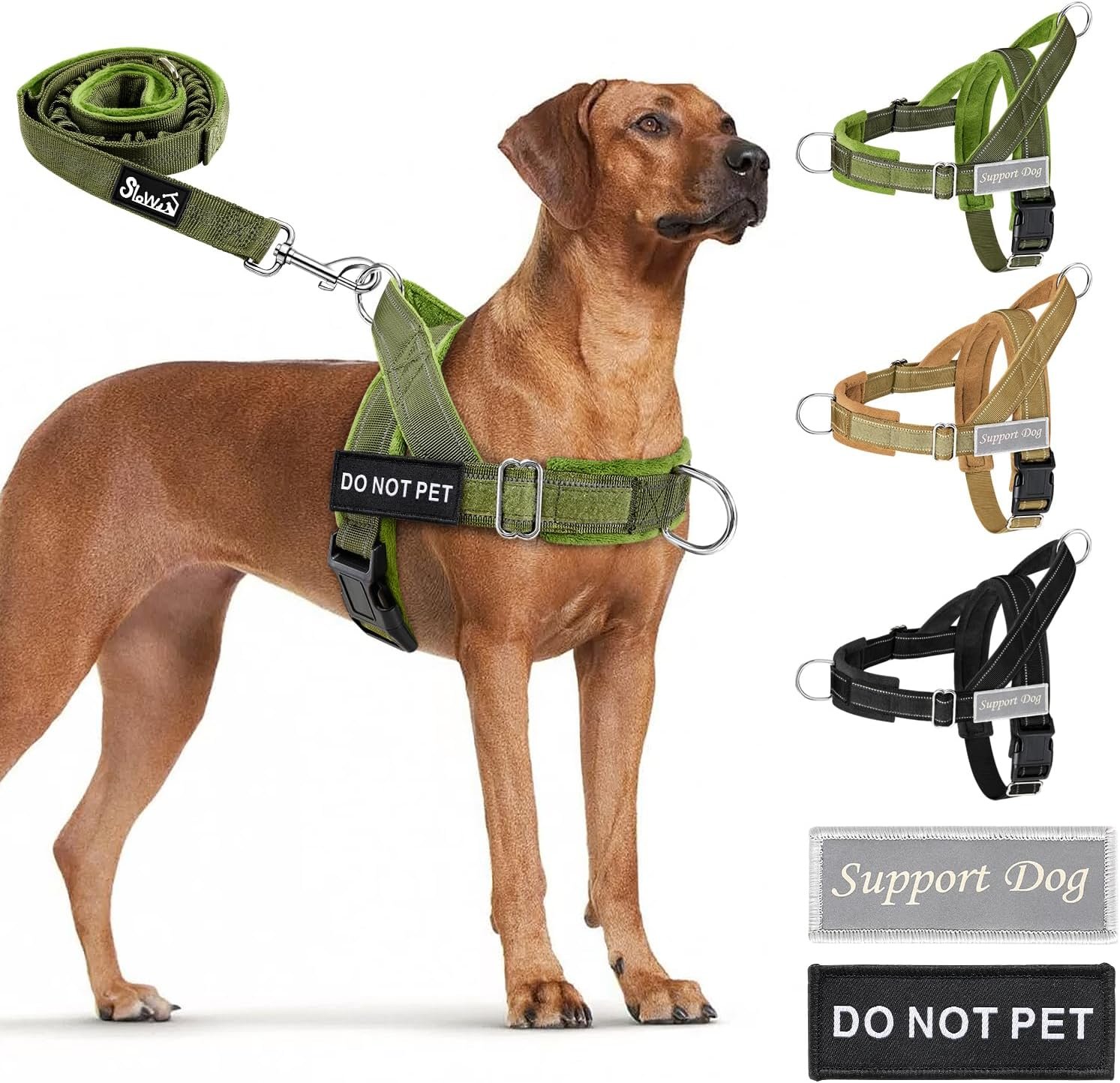 SlowTon No Pull Dog Harness – Heavy Duty Dog Harness and Leash Set for Medium Large Dogs, Reflective Tactical Harness with Soft Padded and Front Clip for Easy Walk and Training (Green, L)