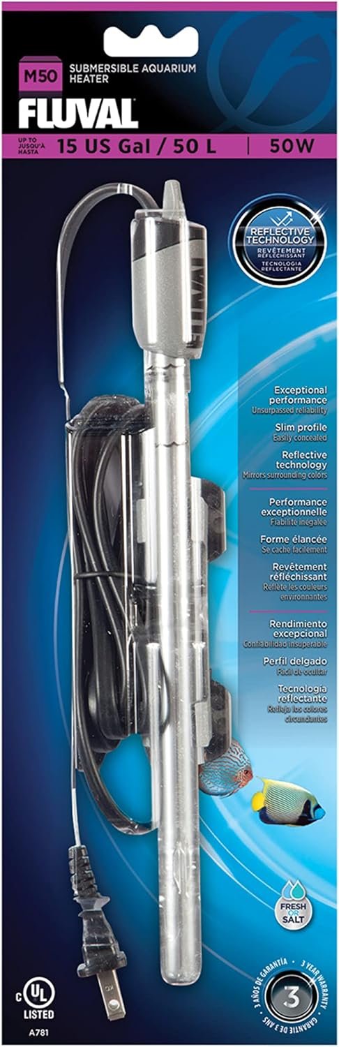 Fluval M 50-Watt Submersible Aquarium Heater for Fresh & Saltwater Tanks | Compact, Reliable Heating with Mirror Technology