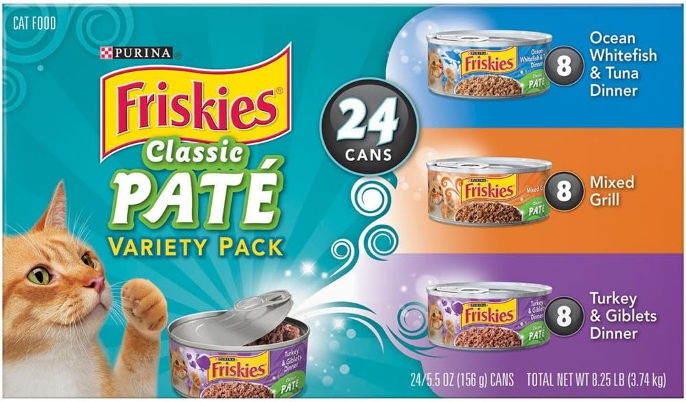 Friskies Wet Cat Food, Classic Pate Variety Pack, Ocean Whitefish and Tuna, Mixed Grill and Turkey and Giblets Dinner, (24) 5.5 Oz Cans