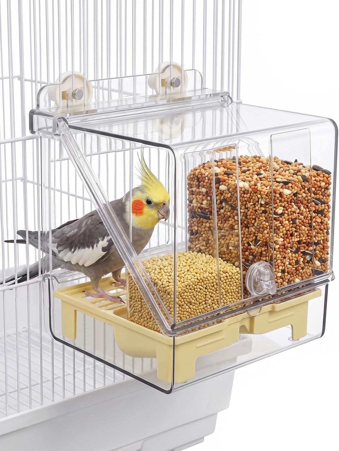 No Mess Bird Feeder & Bath Combo for Cage, Clear Acrylic Large | Indoor Parakeet Bath Tub, Automatic No Spill Bird Seed Feeder, Parrot Bathing Box for Budgie Lovebird Conure Cockatiel