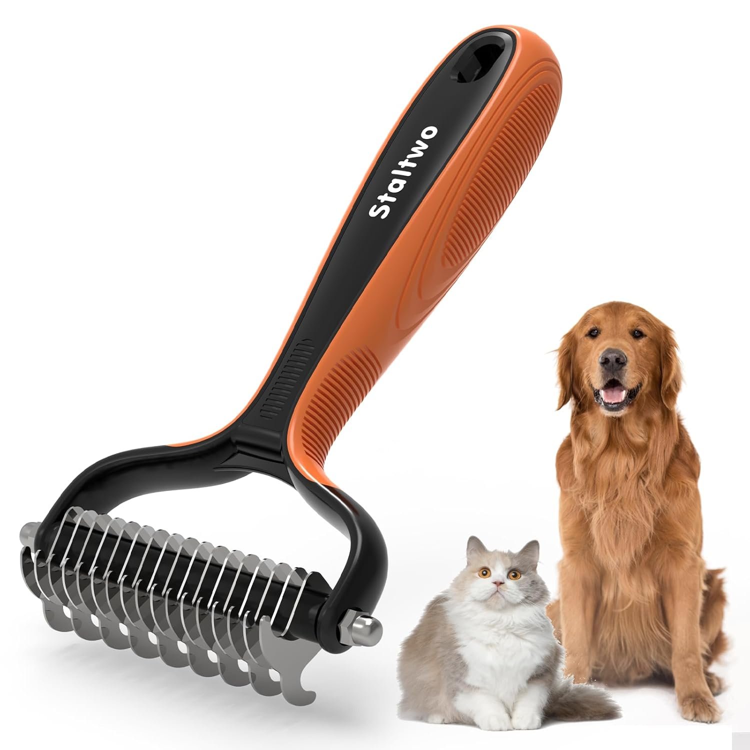 Staltwo Deshedding Dog Brush for Shedding, Undercoat Rake for Dog&Cat | Orange Extra-Wide Double-Sided Pet Grooming tool | Shedding Control for Long/Medium-Haired Dogs and Cats, Knot Removal