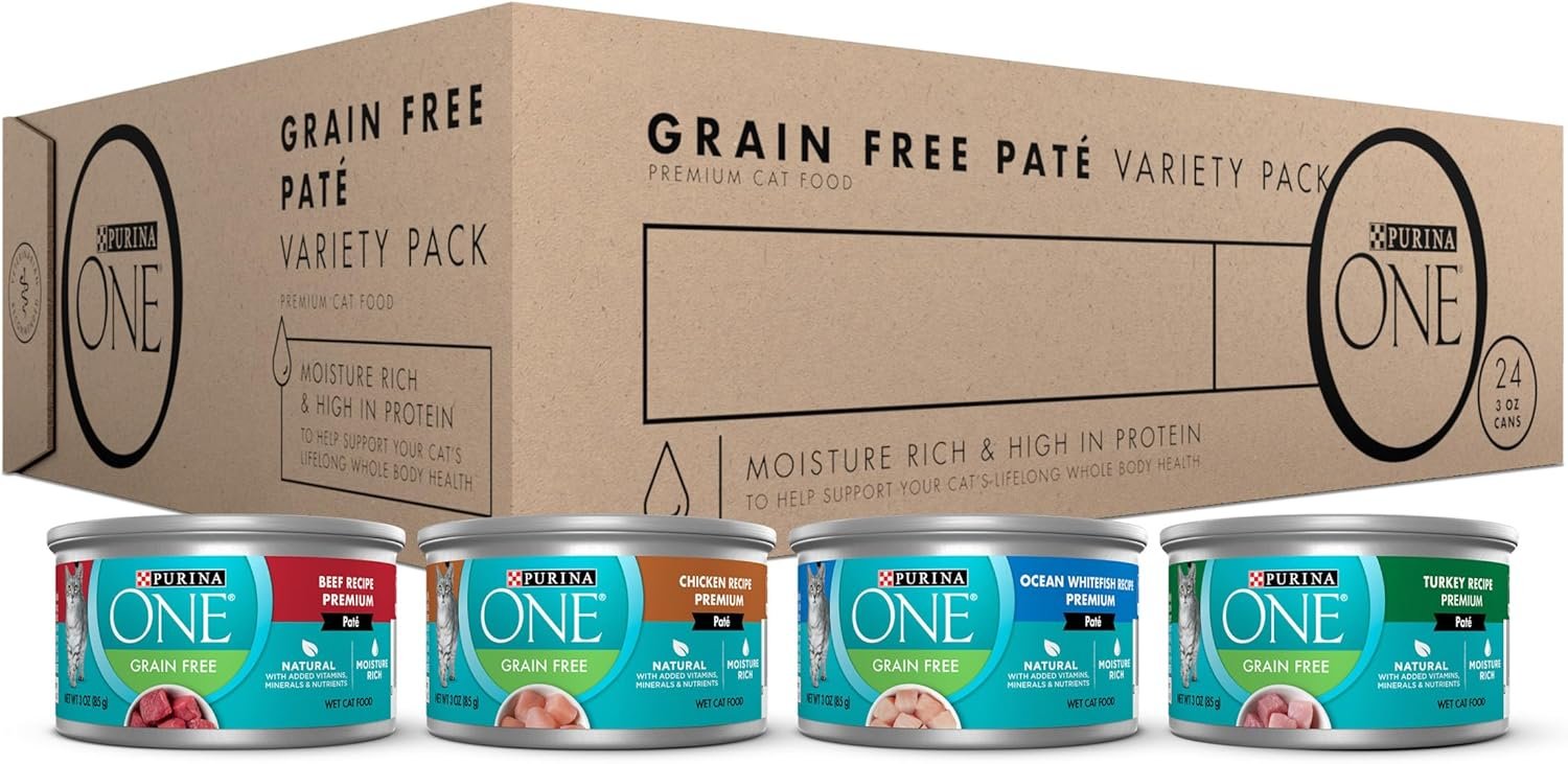 Purina ONE Grain Free Wet Cat Food Variety Pack, 24 Pack 3 oz Cans | Turkey, chicken, ocean whitefish & beef pate recipes, no fillers and added vitamins for complete nutrition