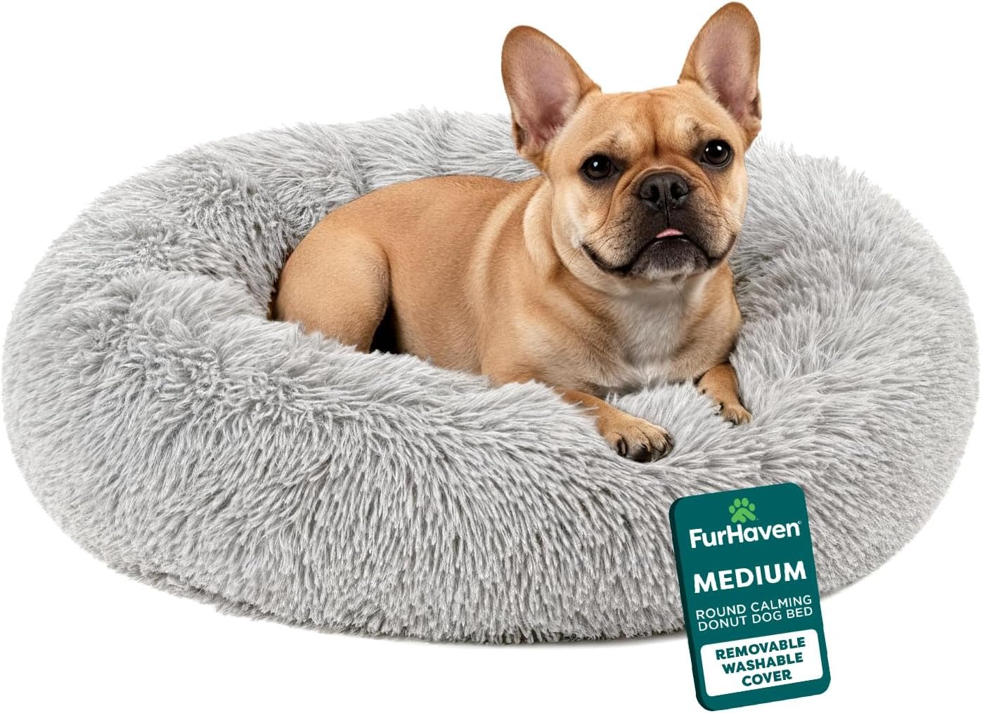 Furhaven 30″ Round Calming Donut Dog Bed for Medium/Small Dogs, Refillable w/ Removable Washable Cover, Up to 45 lbs – Shaggy Plush Long Faux Fur Donut Bed -Mist Gray, Medium,30.0″L x 30.0″W x 10.0″Th