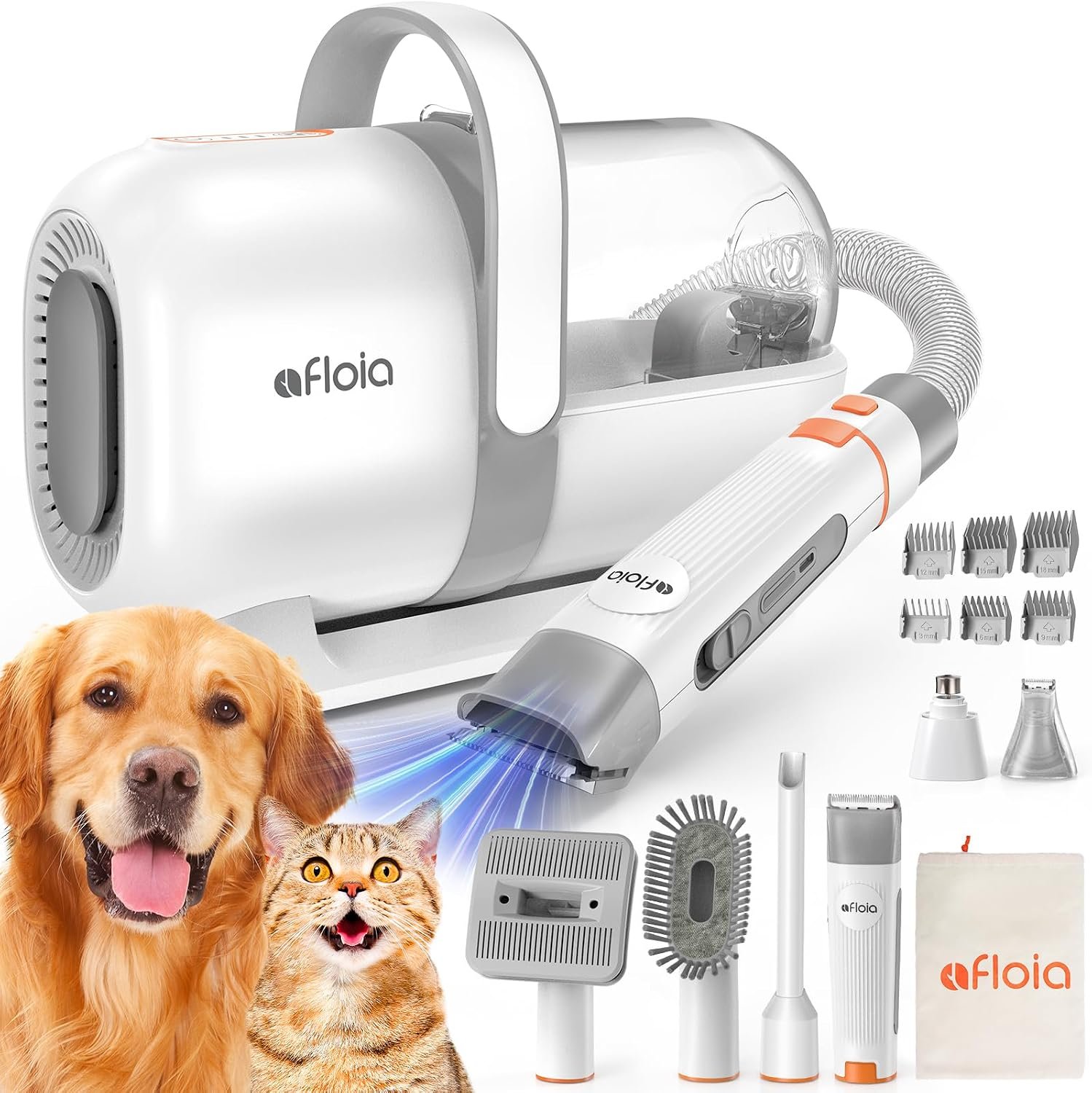 Afloia 6-in-1 Dog Grooming Vacuum Kit, Pet Clipper & Nail Grinder, White | All-in-one grooming covers brushing, clipping, trimming and nail care, 1.5L dust cup, 3 suction levels, low-noise comfort