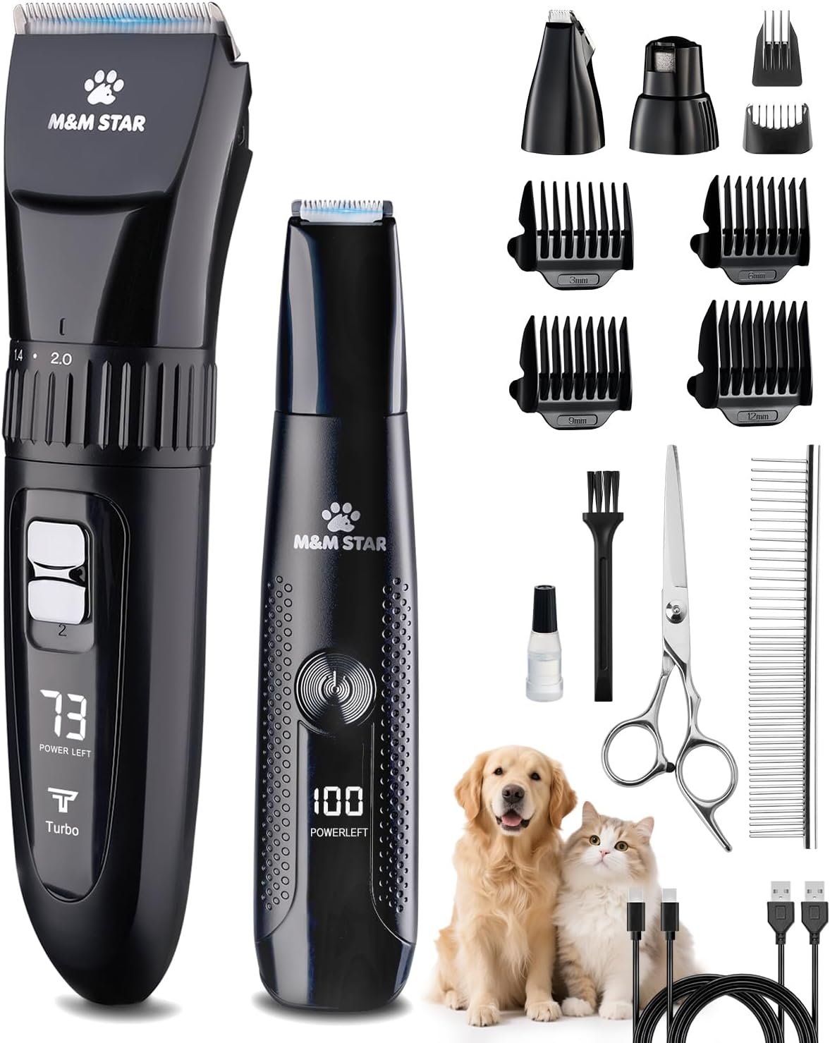 M&M STAR Dog Grooming Kit, Quiet Dog Clippers for Grooming Heavy Thick Coats, Cordless Pet Hair Trimmer & Shaver with Paw Trimmer, Low Noise Rechargeable Clippers for Small Large Dogs Cats