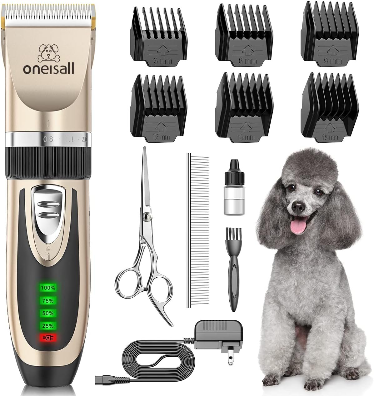 oneisall Dog Grooming Clippers with LED Display for Dogs & Cats | Low Noise Quiet,2-Speed,Cordless Rechargeable,Fast Charge,Detachable,Waterproof,Battery Level Display, Model X2,Gold
