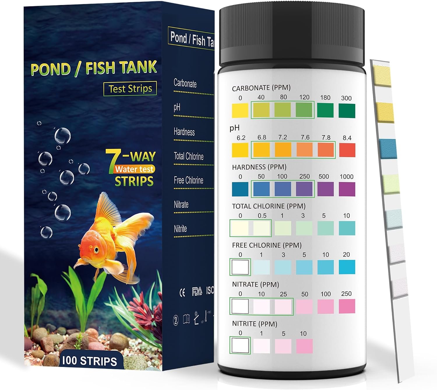 Aquarium Test Kits(100 Strips)-7 in 1 Fish Tank Water Freshwater&Saltwater Quality Test with pH, Carbonate, Alkalinity, Hardness, Chlorine, Nitrite, Nitrate