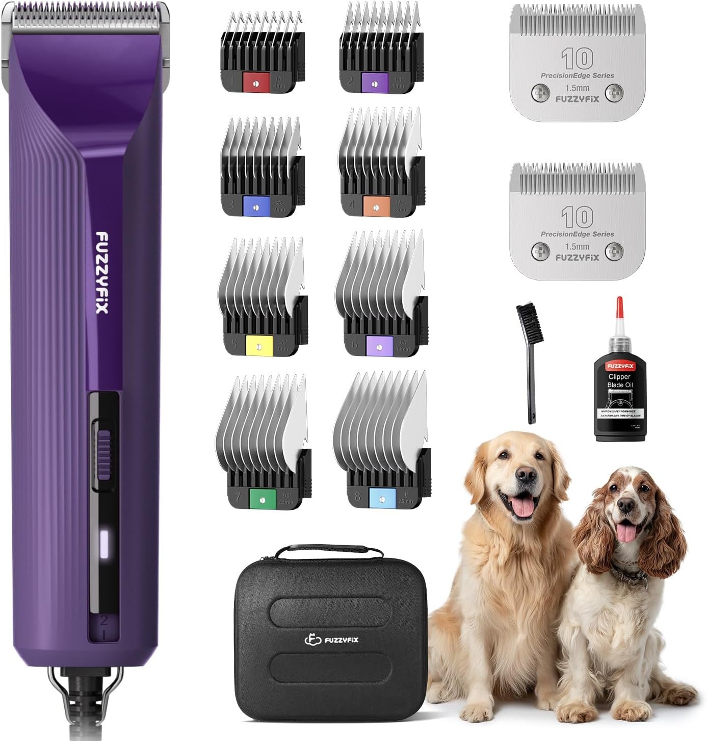 AmpFix Professional Dog/Pet Grooming Clippers 2-Speed Heavy-Duty | 2 Detachable Blade 8 Metal Combs, 10ft Cord, Runs Cool & Quiet, Anti-Slip Shatter-Proof Housing for All Animal Coats