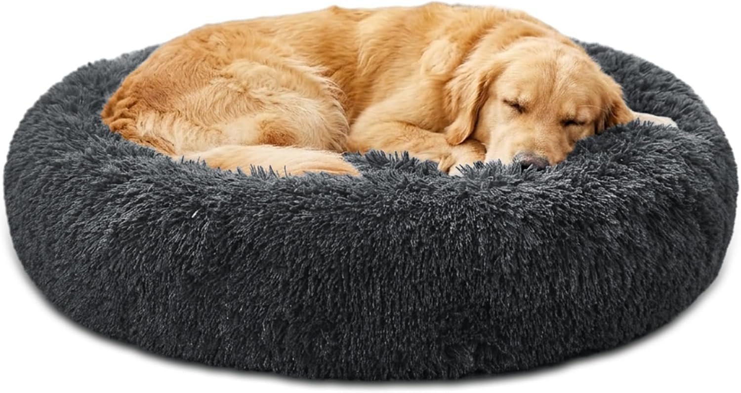 JOLLYVOGUE Calming Washable Dog Beds Large Sized Dog, 36Inch Donut Large Dog Bed with Removable Cover, Anti-Slip Round Fluffy Faux Fur Bed, Fits up to 80 lbs Pets, Dark Grey