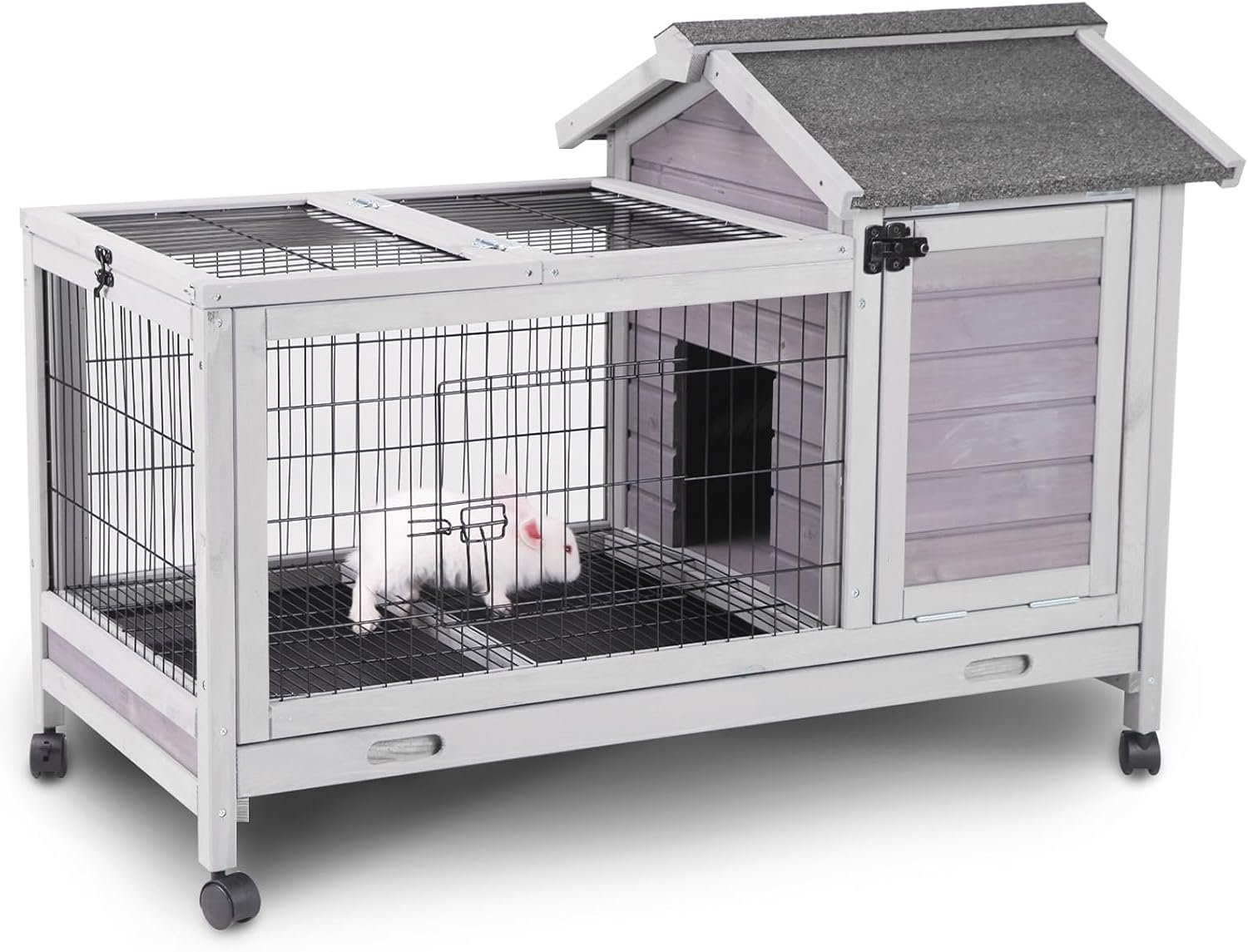 Aivituvin Rabbit Cage Indoor for 1-2 Bunnies, 6.6ft² Wooden Outdoor Rabbit Hutch, Small Bunny House, Guinea Pig Cage with Leakproof Pull Out Tray, 4 Wheels and Removable Wire Floor Grid