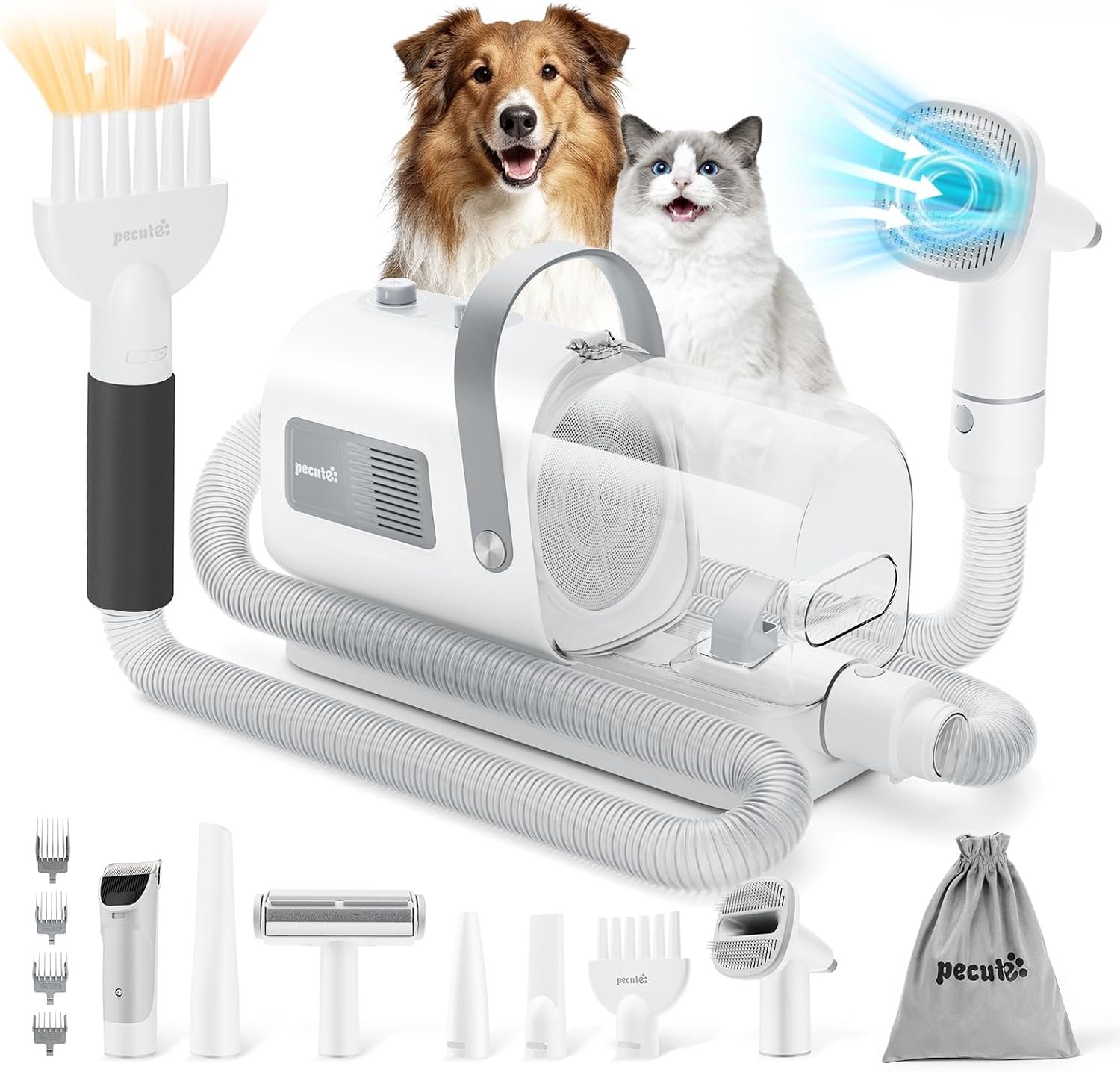 Pecute 7-in-1 Dog Grooming Vacuum & Dryer for Heavy Shedding | 10000Pa suction, adj suction & temp, home & salon use, 55dB low noise, 1.7L dust cup, reduces flying hair, easy cleanup