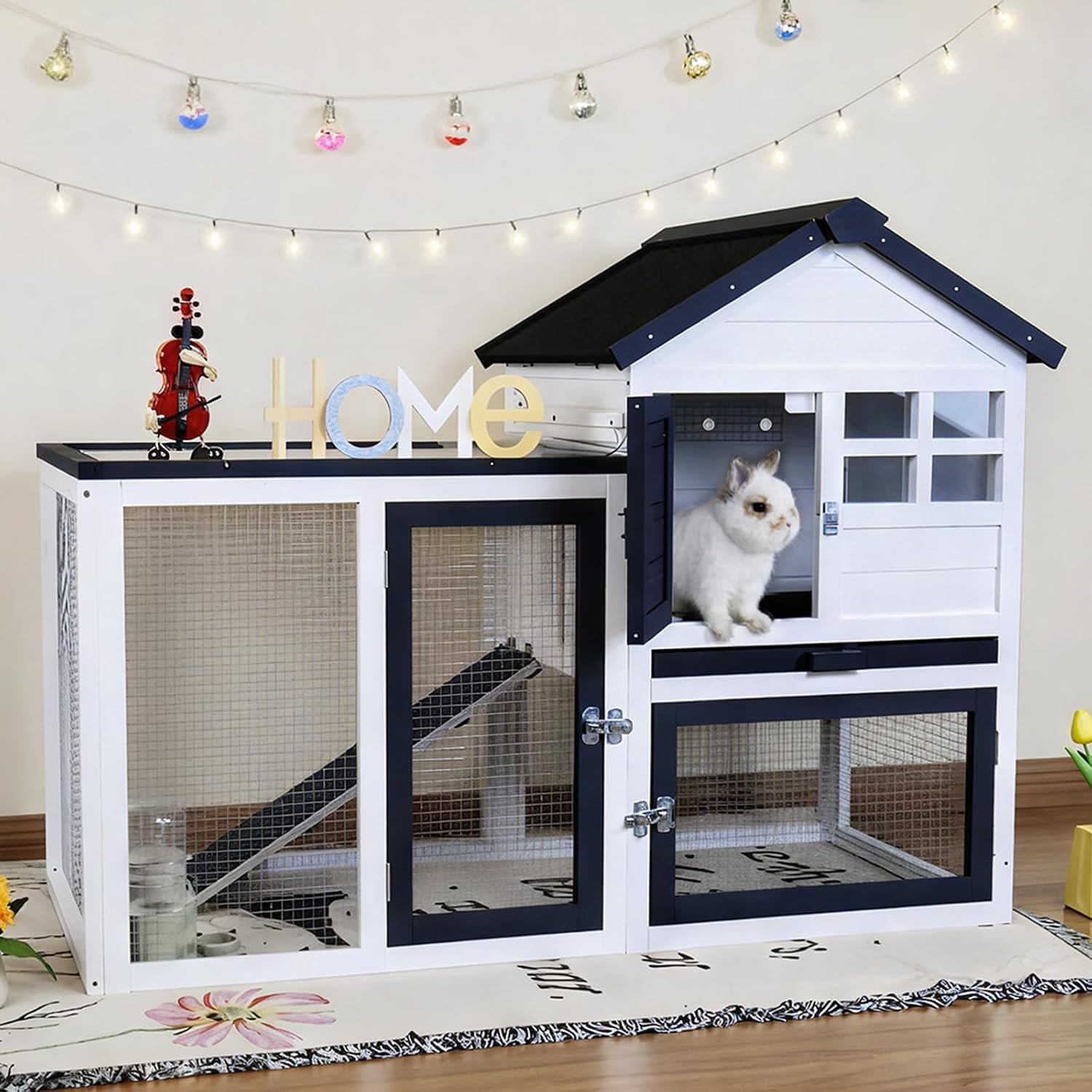 Rabbit Hutch Bunny Cage Indoor Outdoor with Upper-Level Mesh Floor | Keeps Rabbits Away from Waste, 2 Removable Trays, Chew-Resistant Ramp, Secure Sliding Door, Suitable for Small Animals