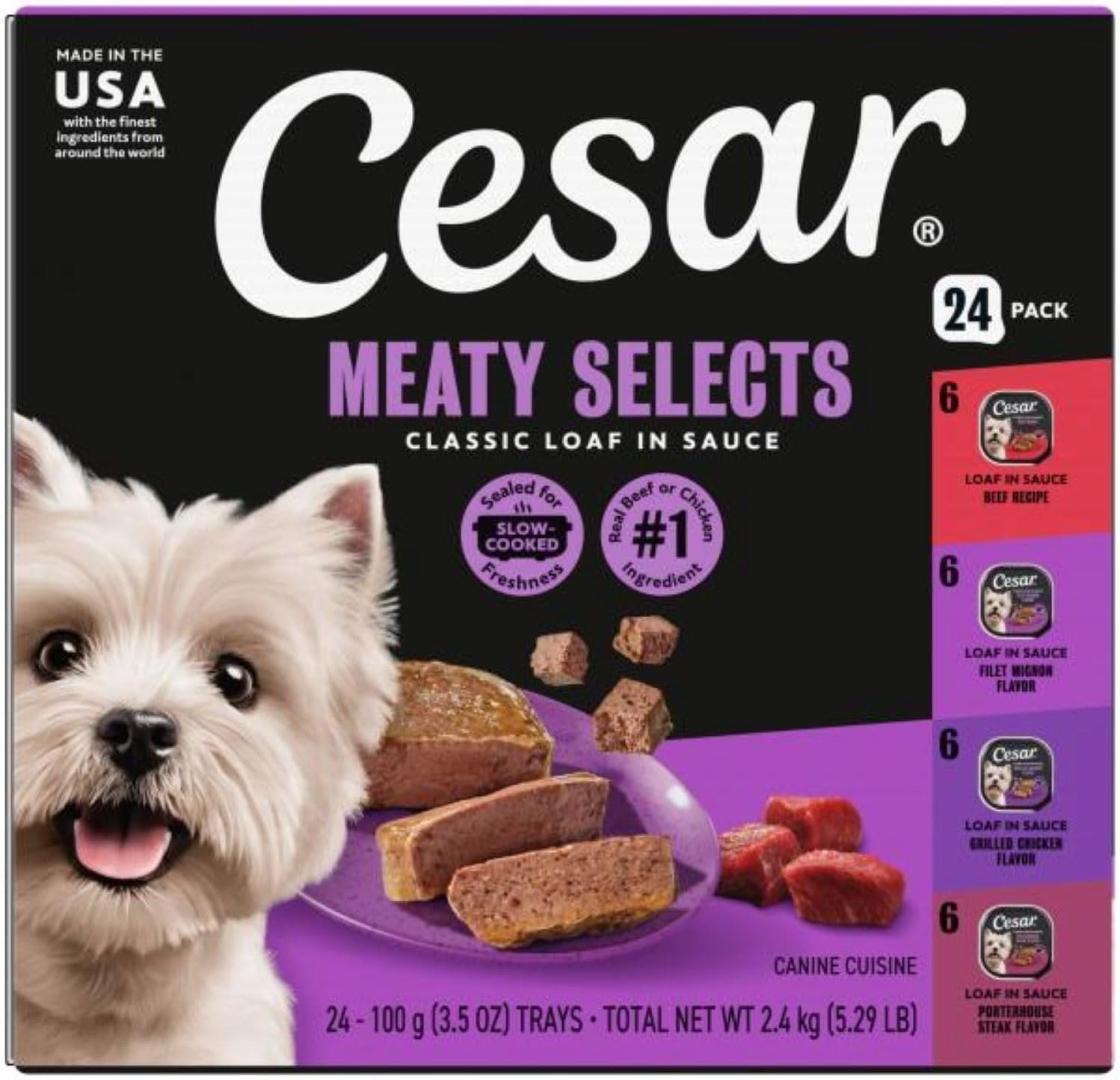 Cesar Classic Loaf in Sauce Wet Dog Food, Meaty Selects, 3.5 oz, 24 Count | Made in USA, Real beef or chicken #1 ingredient, no fillers or artificial flavors, slow-cooked, easy peel trays