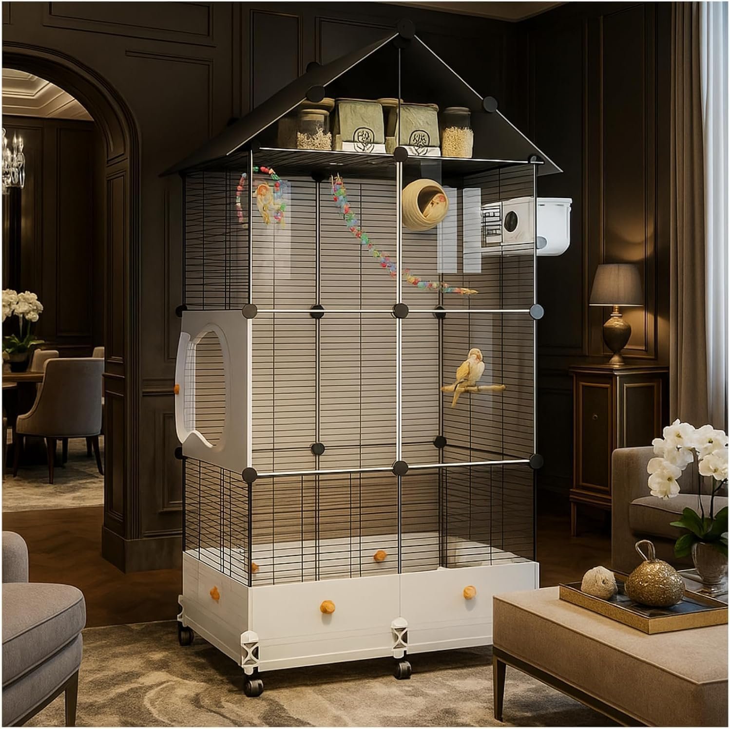 60in Large Flight Bird cage, Equipped with Bird’s Nest，Ladder, Swing, Feeder, etc. with Wheels for Easy Outdoor Movement, Suitable for Parrots, Pigeons (Black, 28.4″ L x 14.2″ W x 60″ H)