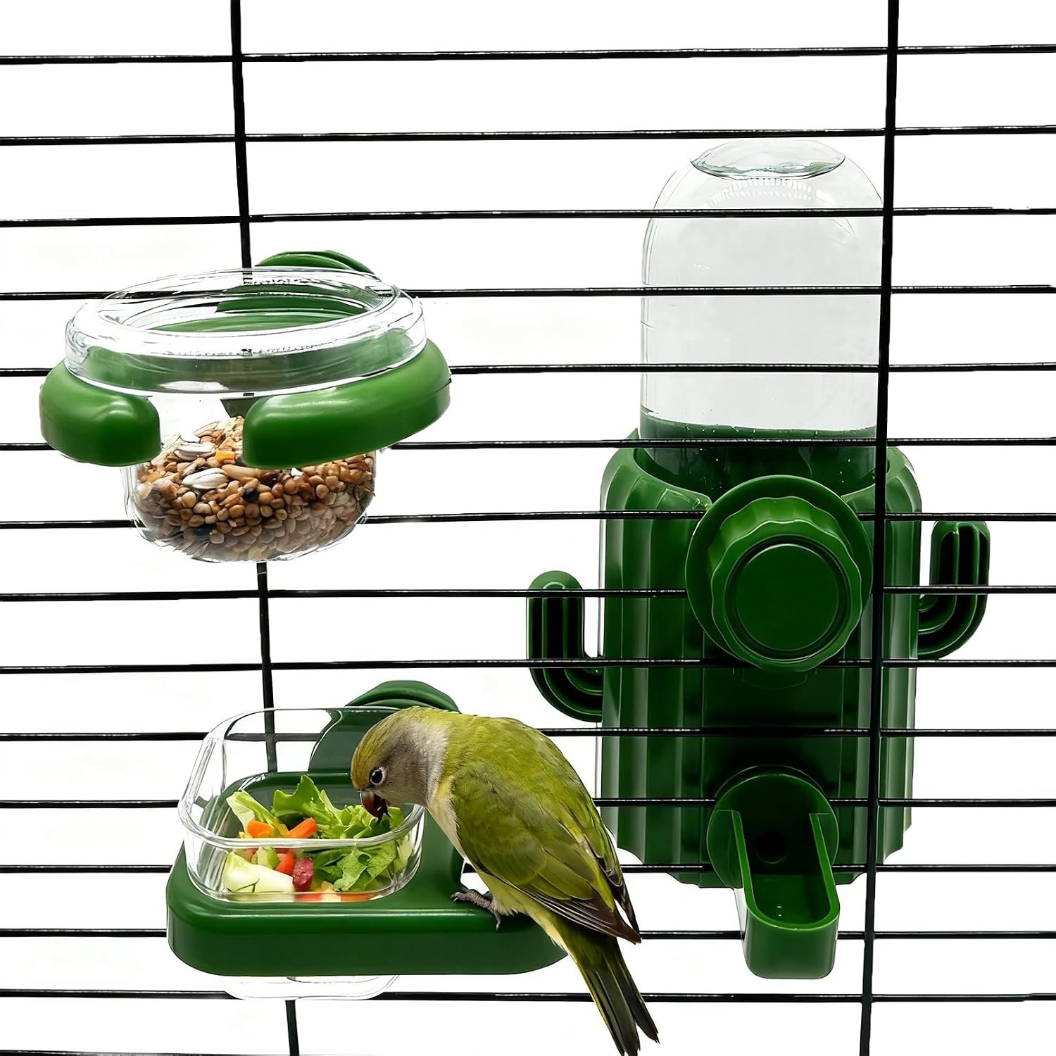 3Pcs Bird Water Dispenser Bird Cage Feeder Accessories for Parakeet | Plastic,Green,Automatic,Installation,Washable,Detachable,with two bird feeders,for Parrots, Cockatiels, Finches, Budgies
