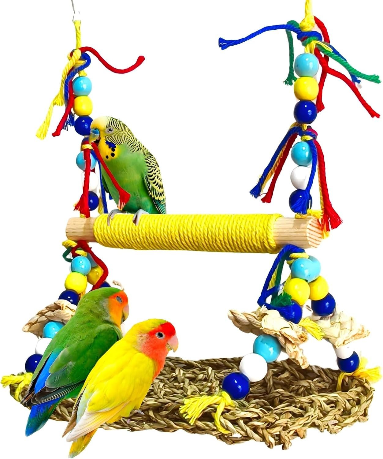Parakeet Swing Toys Natural Bird Grass Mat,Parrot Swing Perch | Parrot Climbing Hammock With Chew Toys For Cockatiel, Sun Conure, Lovebird, Budgie