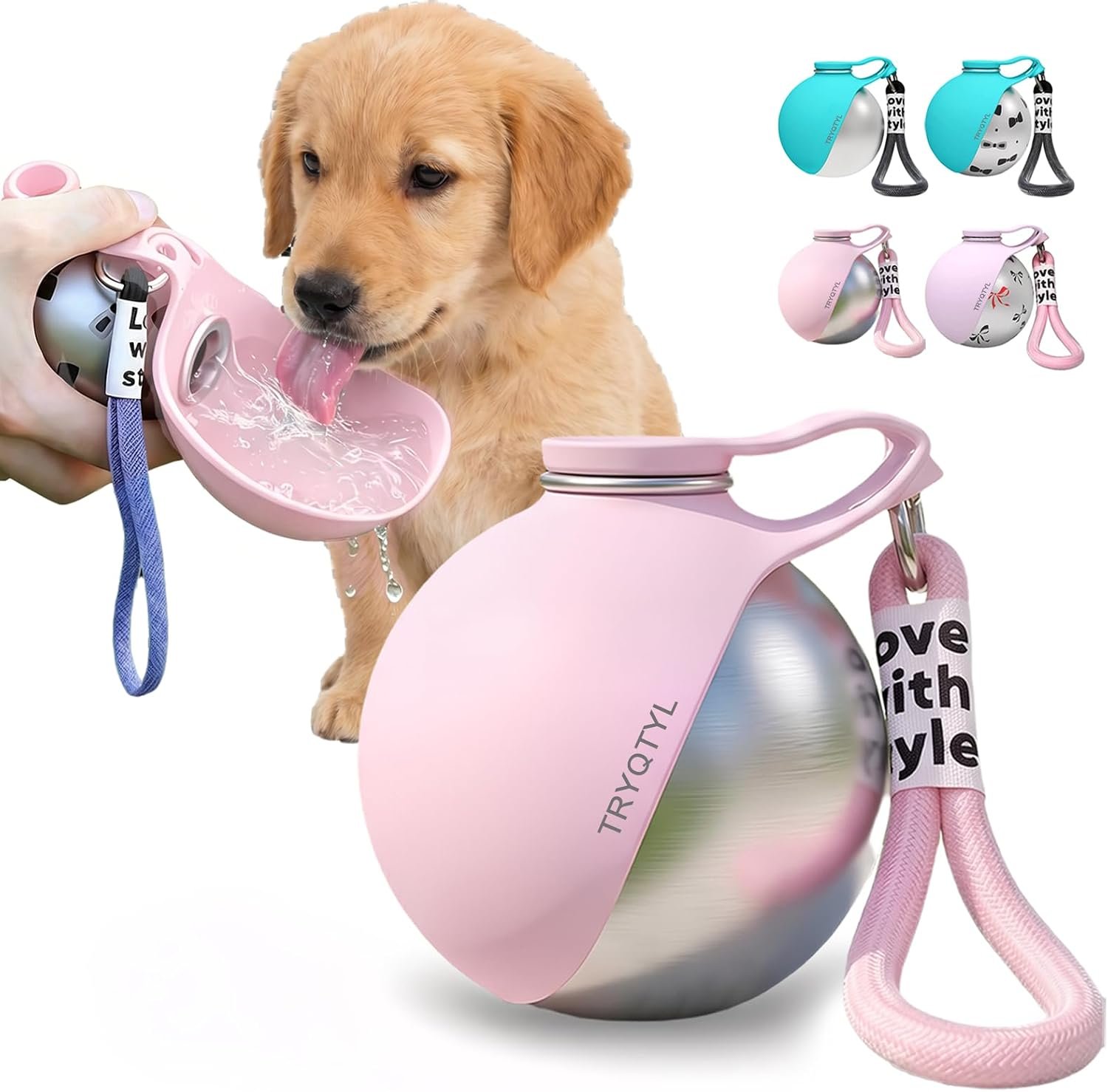 Dog Water Bottle, 10oz Stainless Steel Portable Dog Water Bottle with Foldable Silicone Bowl, 2-in-1 Portable Dog Water Bowl for Water & Food, Water Dispenser for Dogs Walking (Pink)