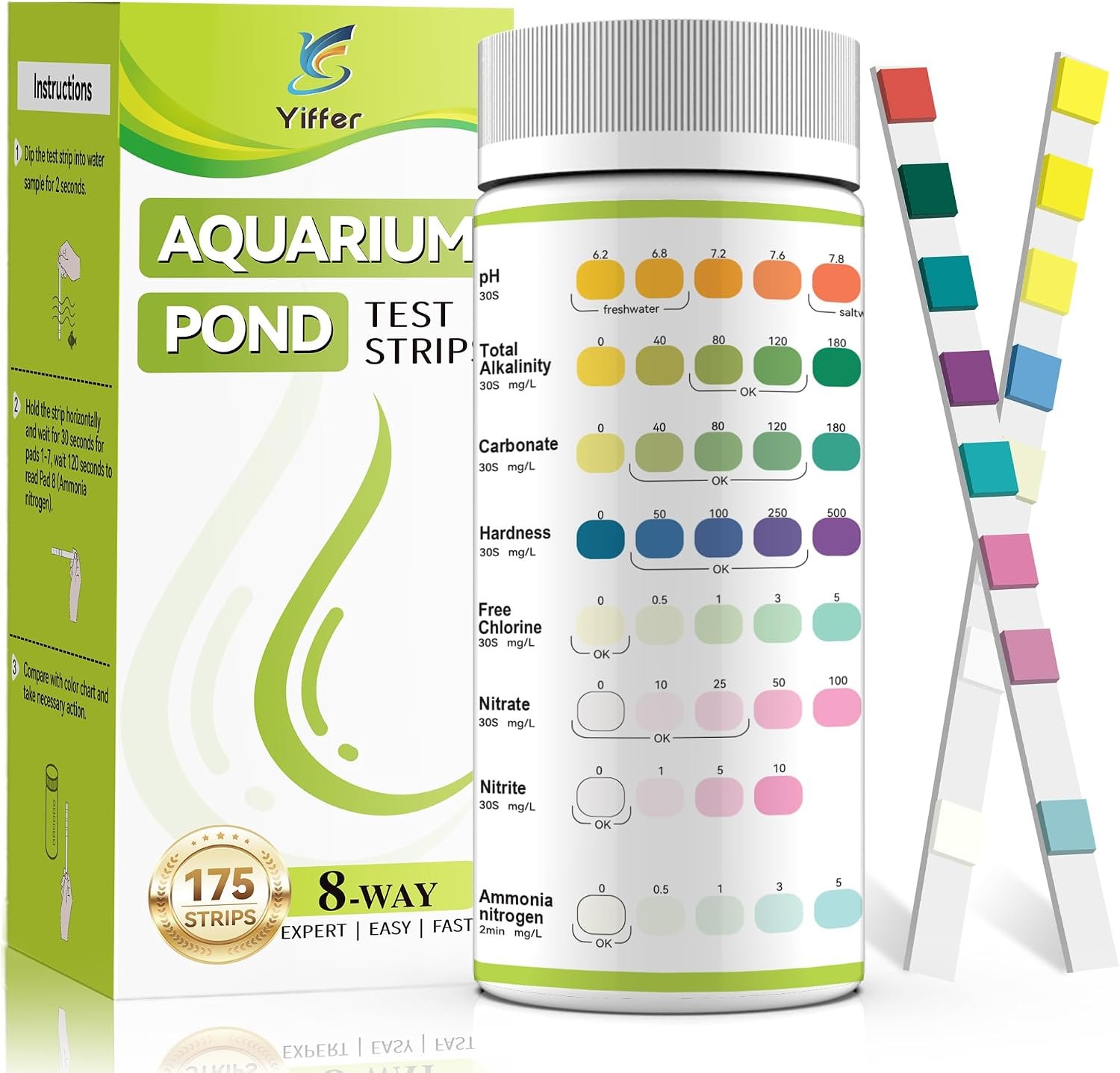 175-Count 8-Way Aquarium Test Strips with Ammonia | Accurate Test Ammonia,pH, Total Alkalinity, Carbonate, Hardness, Free Chlorine, Nitrate and Nitrite for Fish Tanks & Ponds