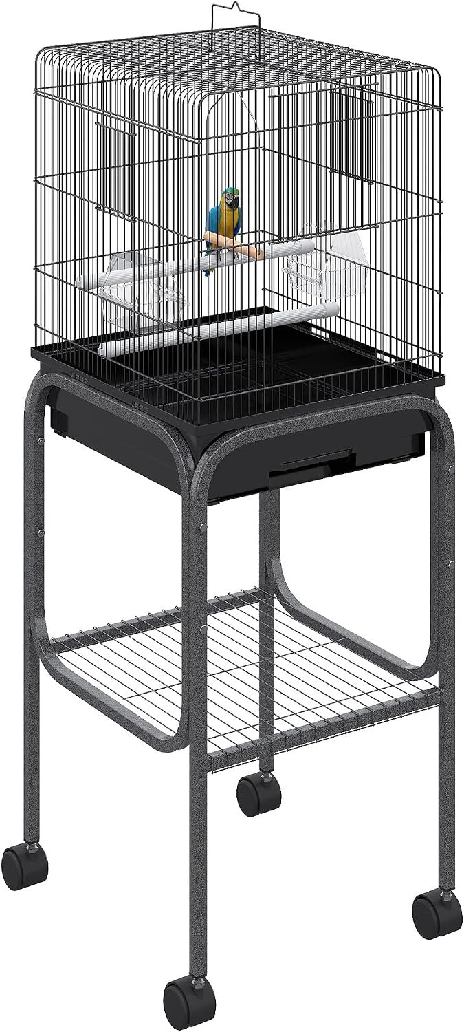 Pawhut 45-inch Metal Indoor Bird Cage, Parrot Cage, Bird Aviary with Detachable Rolling Stand, Storage Basket, and Accessories – Black | Parrot Cage, Bird Aviary, Storage Basket, Accessories