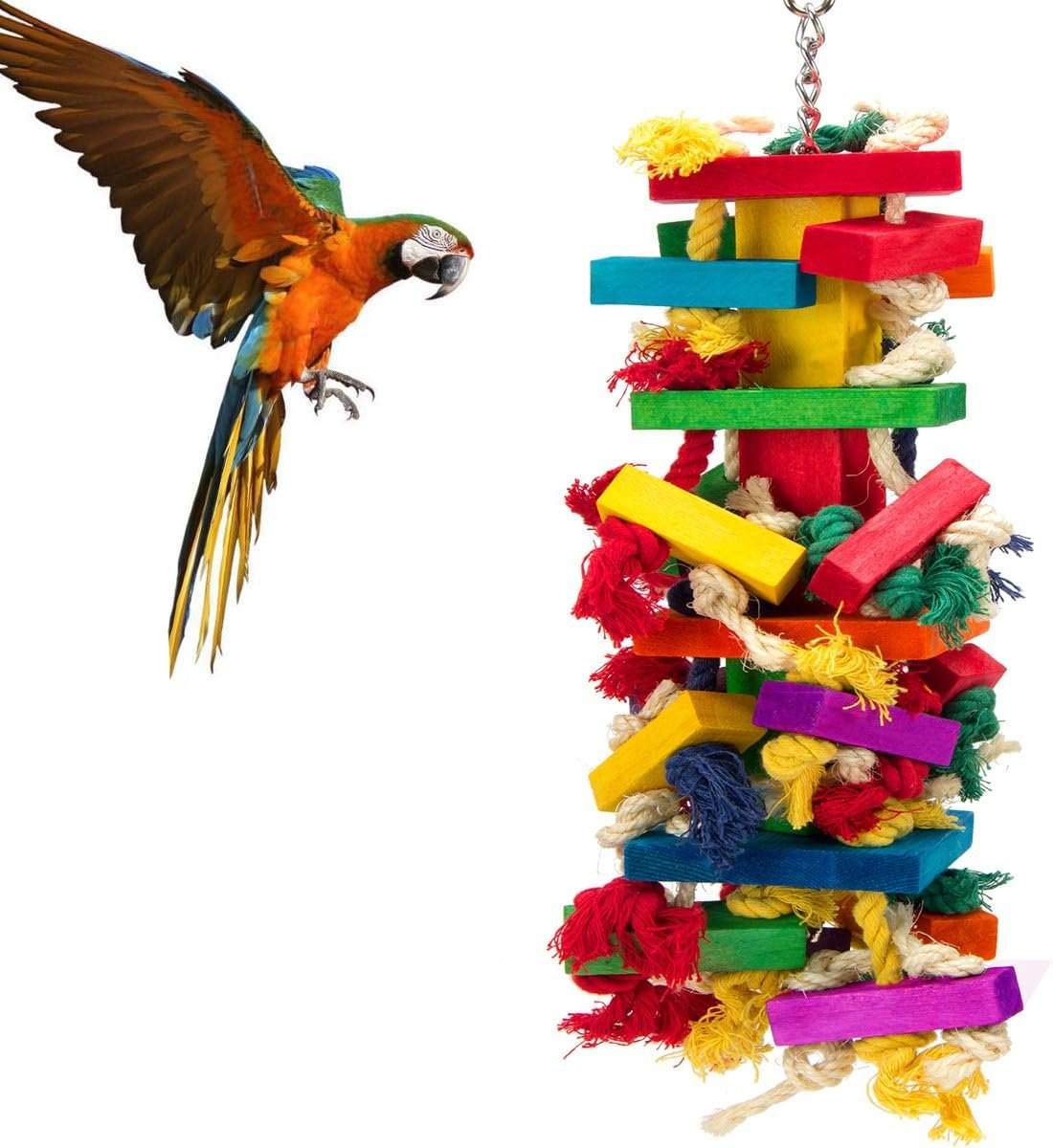Extra Large Natural Wood Bird Toys for Macaws, African Grey, Amazon Parrots | MEWTOGO, Fun to Climb on, to Swing on, to Chew on, to Unravel, to Preen, Brightly Colored, Appealing to Birds, Bird Gifts