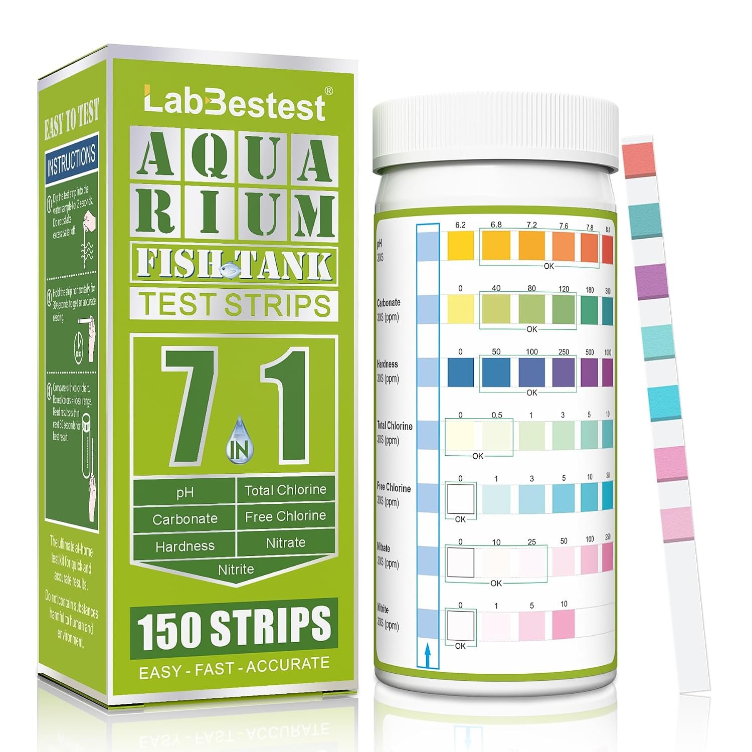 Aquarium Test Strips Fish Tank Pond Water Testing Kit (7-Way) | 150 Fish Bowl Tester Strips for Freshwater Saltwater – Rapid Accurate Easy to Test pH, Hardness, Nitrate, Nitrite and More
