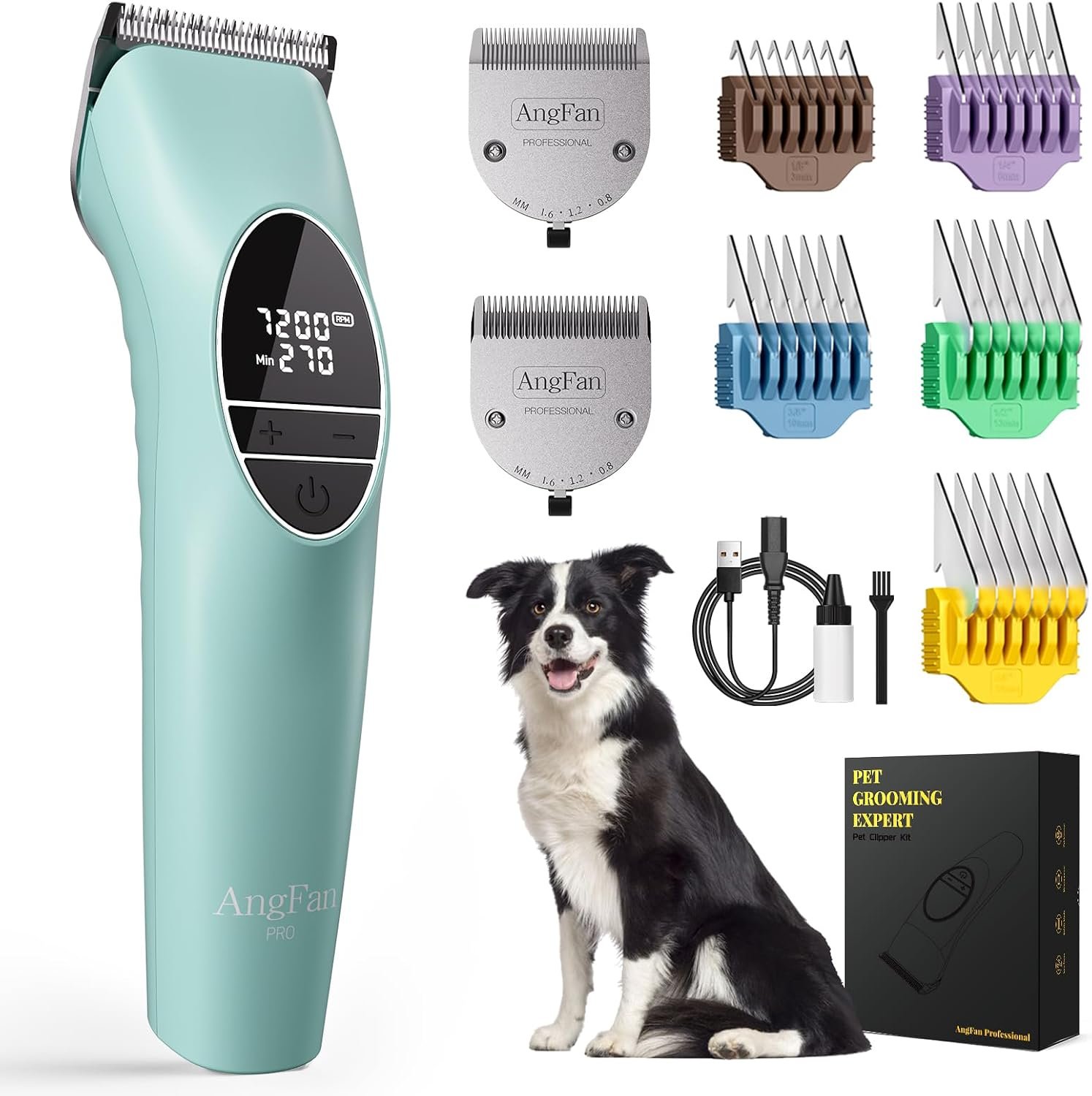 AngFan Professional Dog Clippers for Thick Coats Grooming Kit | Heavy Duty High Power,5-Speed 7200RPM,Cordless,Durable Metal Guide Combs,4.5H Long Runtime