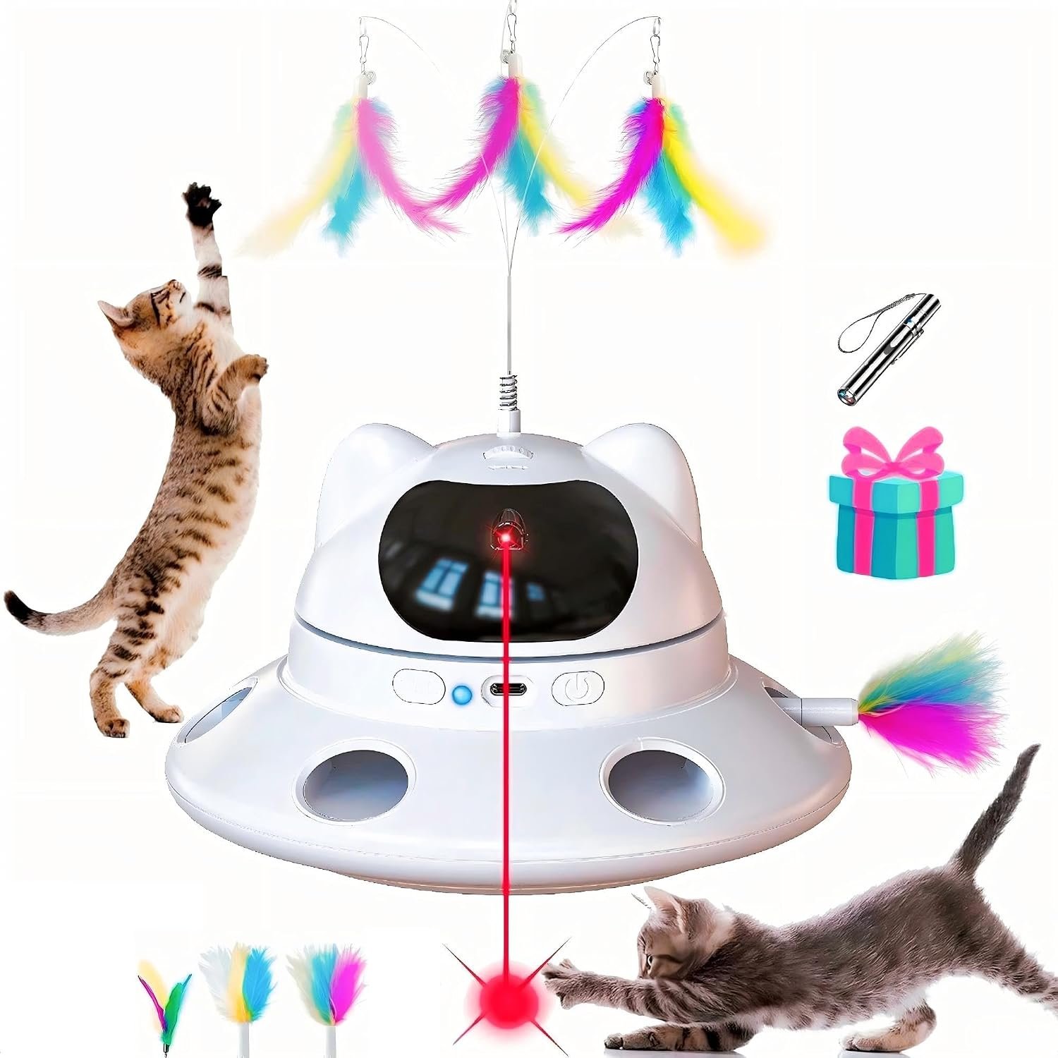 3-in-1Interactive AI Smart Play Cat Toy – Automatic Laser & Feather Toy for Indoor Cats, Keeps Cats Busy When Home Alone