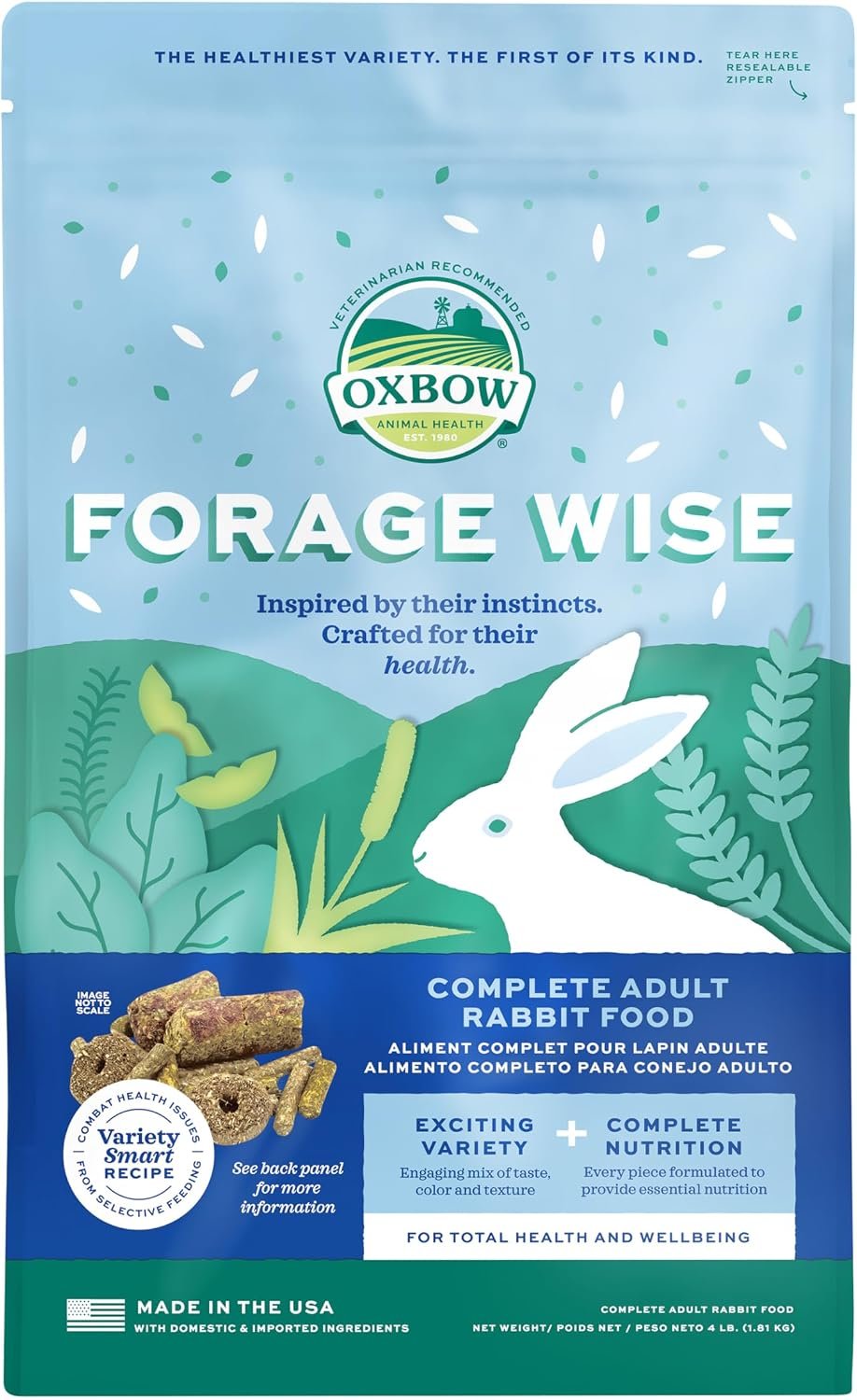 Oxbow Forage Wise Adult Rabbit Food, Bunny Food, Foraging Pellet Mix, 4 lb | Adult Rabbit Pellets, Foraging Mix With Timothy Hay, Vitamins & Minerals, Prevents Selective Feeding, Made in USA
