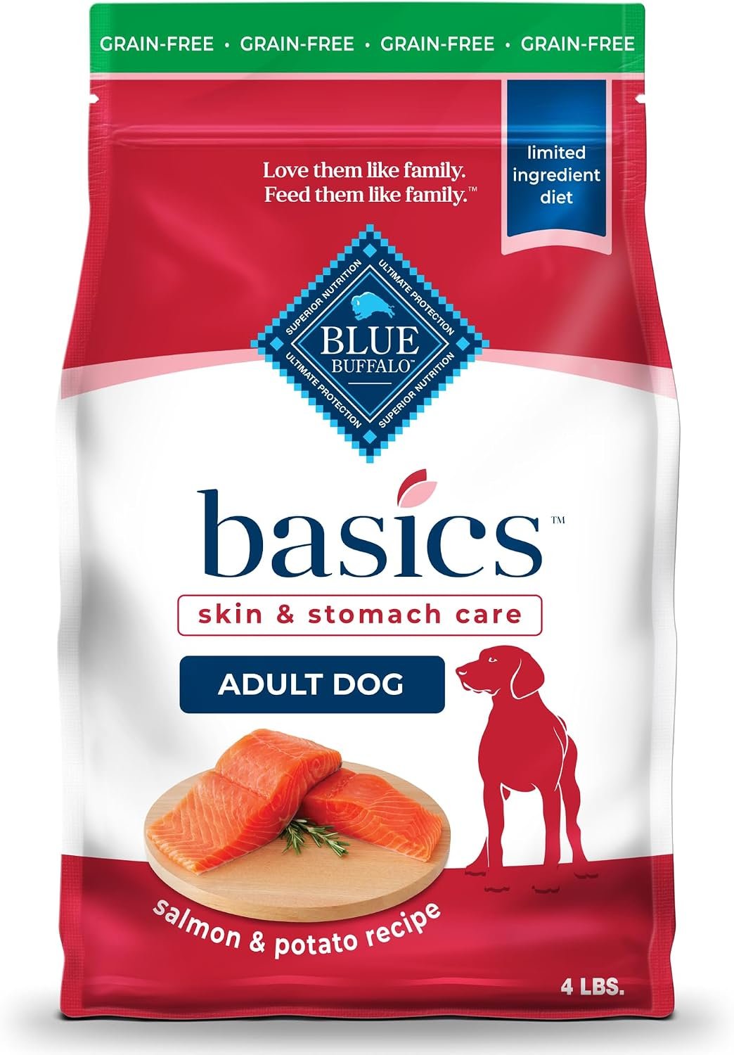 Blue Buffalo Basics Salmon Adult Grain-Free Dry Dog Food, 4 lb | Skin & Stomach Care, Real Salmon #1 Ingredient, Limited Ingredient Diet, Antioxidant-Rich LifeSource Bits, Skin & Coat Health