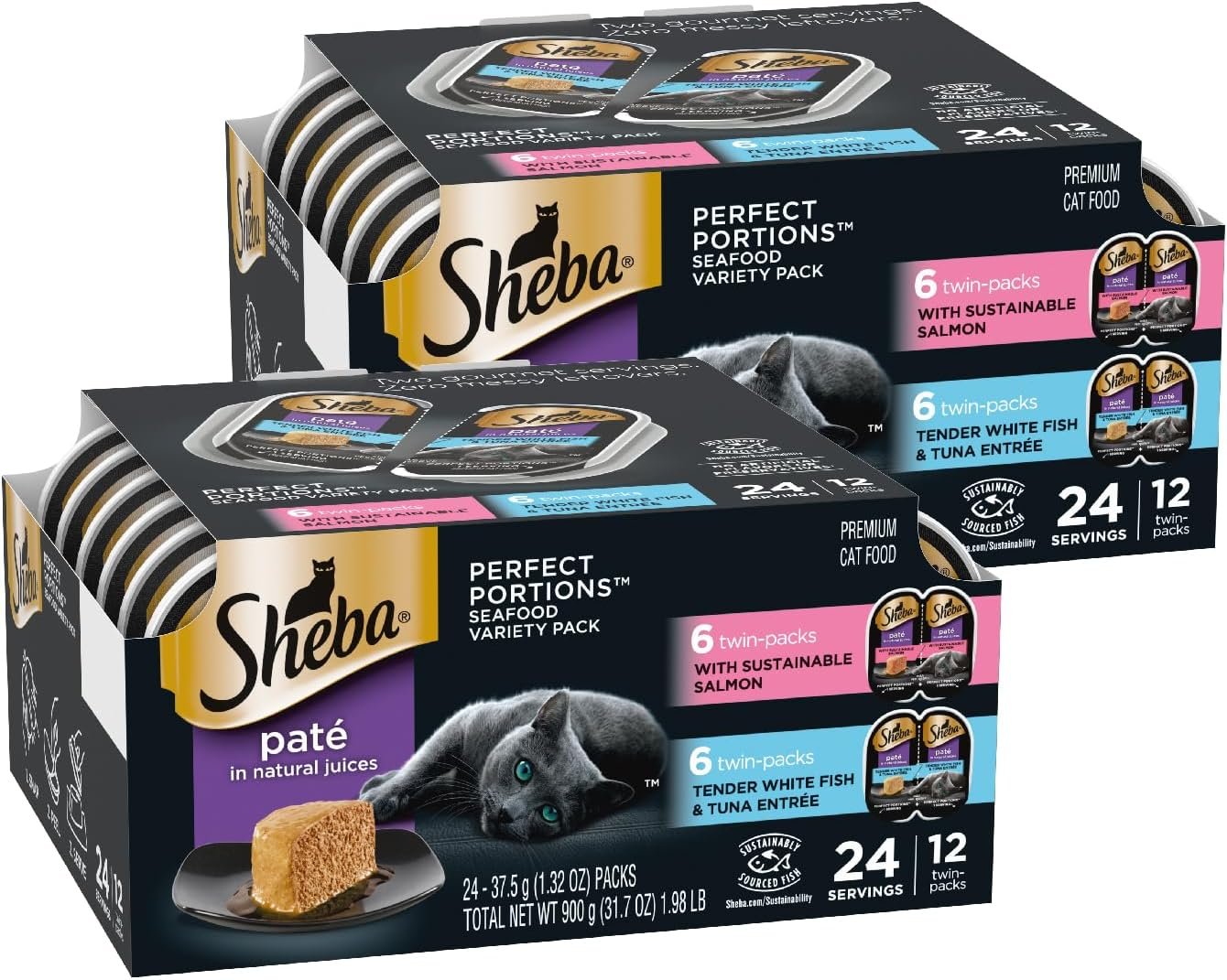 Sheba Perfect Portions Pate Wet Cat Food, Seafood Pack, 2.6 oz, 12 ct, 2pk | Grain-free, made in USA, Salmon & Whitefish-Tuna, 48 servings total, sustainable seafood, twin-pack trays