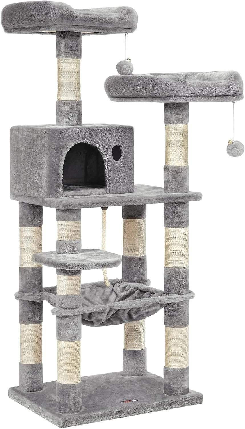 Feandrea Cat Tree, 55.8-Inch Cat Tower, Multi-Level Plush Condo with 11 Scratching Posts, 2 Perches, Hammock, Cave, Light Gray UPCT15W
