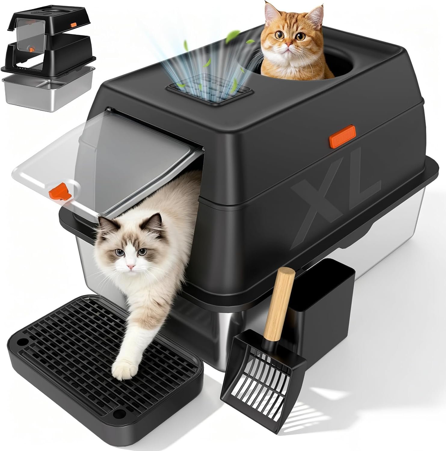 XL Enclosed Stainless Steel Litter Box with Lid | covered, High Sided, Rustproof & Leak Proof, Easy Clean, Odor Control, Includes Scoop & Step