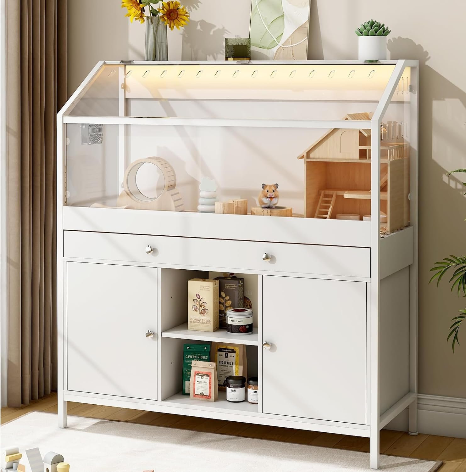 Pipleo Hamster Cage with Storage Cabinet,43.3″ Small Animal Cage with LED Lights and Fan, Easy View Acrylic Panel, Large Habitat for Guinea Pig, Hedgehog,Rat 43.3″x 15.7″x 43.3″