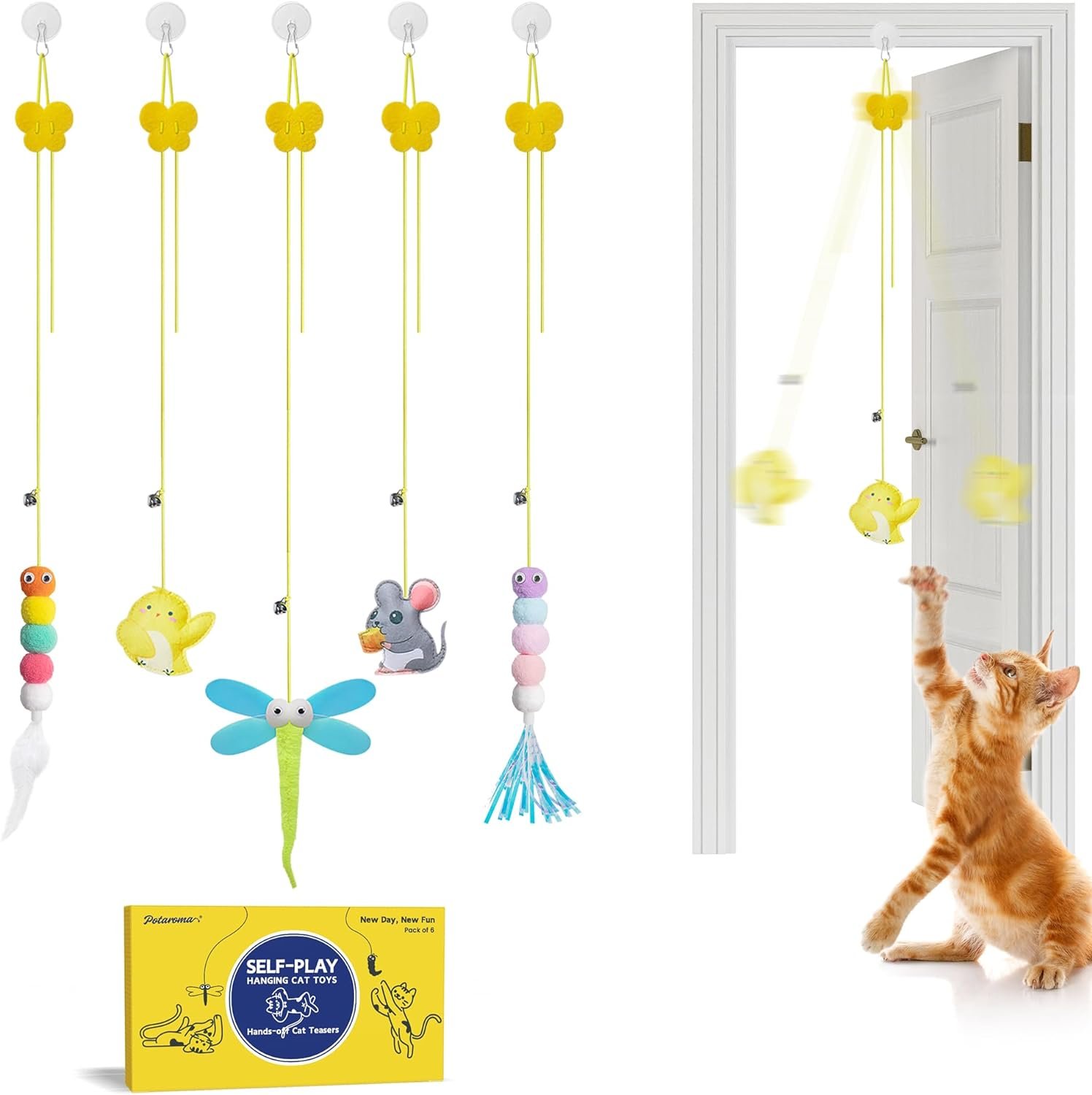 Potaroma Interactive Cat Feather Toys 5 Pcs, Cat Teaser Retractable Hanging Indoor Kitten Play Chase Exercise, Mental Physical Stimulation for All Breeds and Species | Retractable Hanging Cat Toys, Indoor Kitten Play Chase Exercise, Mental Physical Stimulation for All Breeds