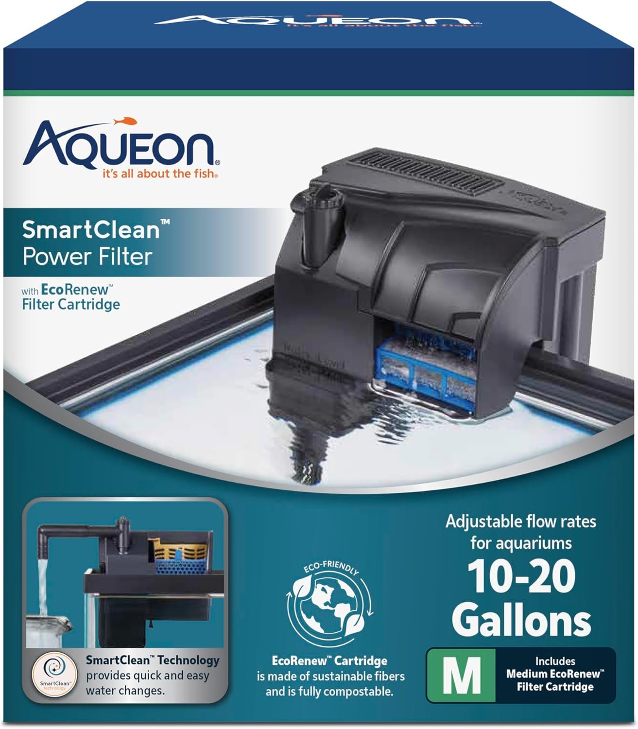 Aqueon SmartClean Power Filter with EcoRenew Filter Cartridge, Quick and Easy Water Changes, Quiet Operation, Adjustable Flow, for 10-20 Gallon Freshwater and Saltwater Aquariums, Medium
