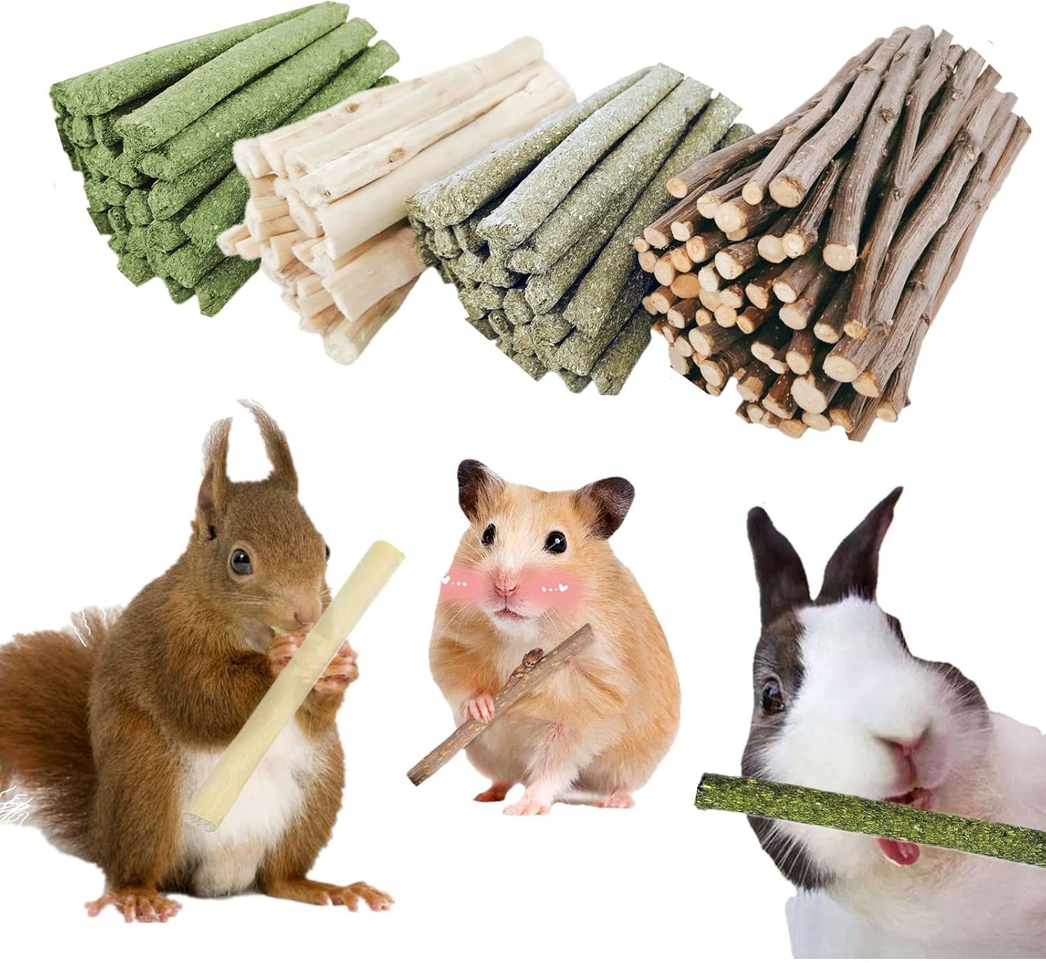 4 in 1 Natural Bunny Chew Toys Sticks Rabbit Treat Apple Hay Bamboo | Organic 4-Blend: Apple Branch + Sweet Bamboo + Timothy Hay + Alfalfa — naturally cleans teeth, 140g resealable pack