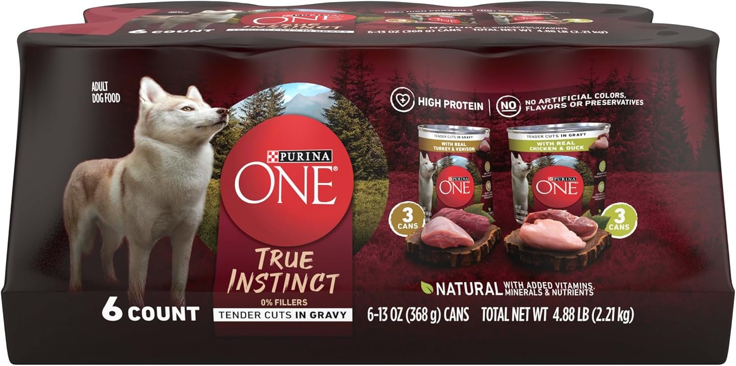 Purina ONE True Instinct Tender Cuts in Gravy with Real Turkey and Venison, and with Real Chicken and Duck High Protein Wet Dog Food Variety Pack – (Pack of 6) 13 Oz. Cans