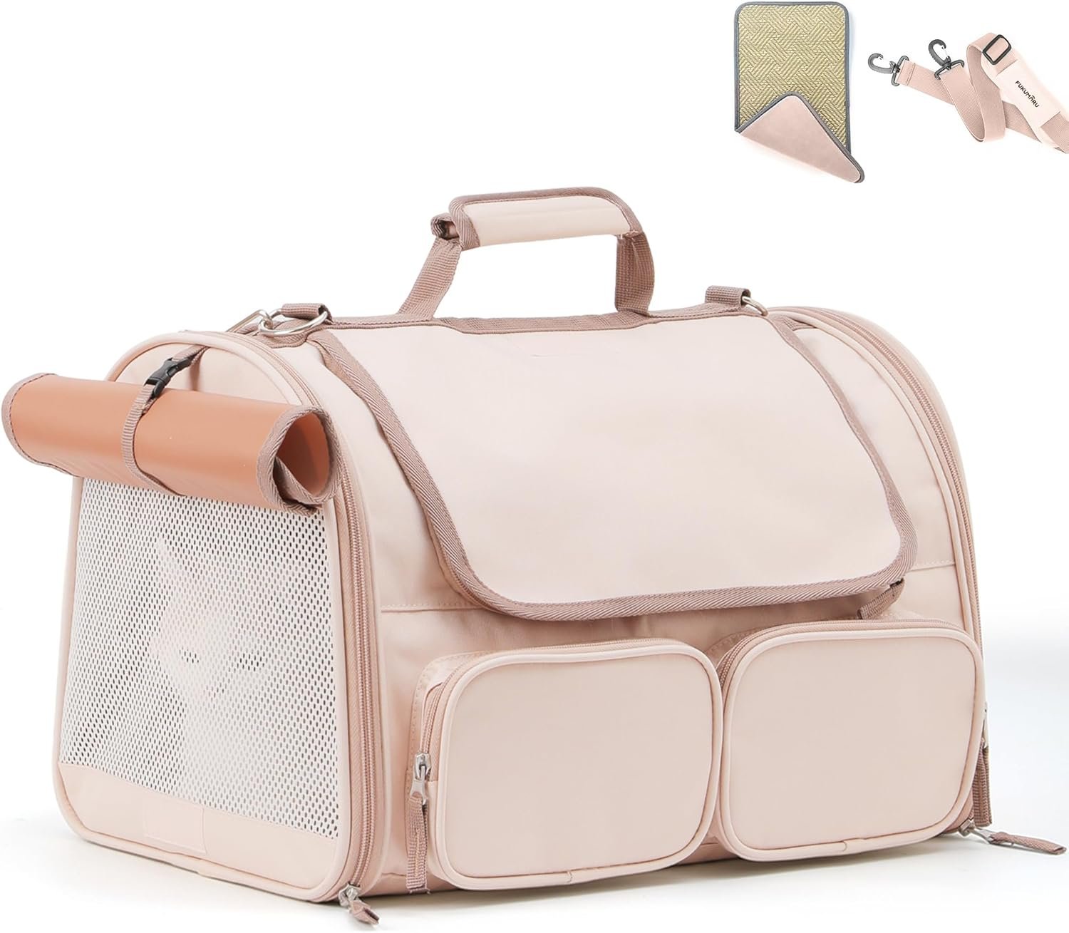 FUKUMARU Cat Carrier, Airline Approved Dog Carrier with Rollable Cover | Breathable Soft Cat Carrier, Multiple Doors & 4 Storage Pockets Cat Travel Bag, Durable Pet Carrier for Cat Under 15 lb, Pink