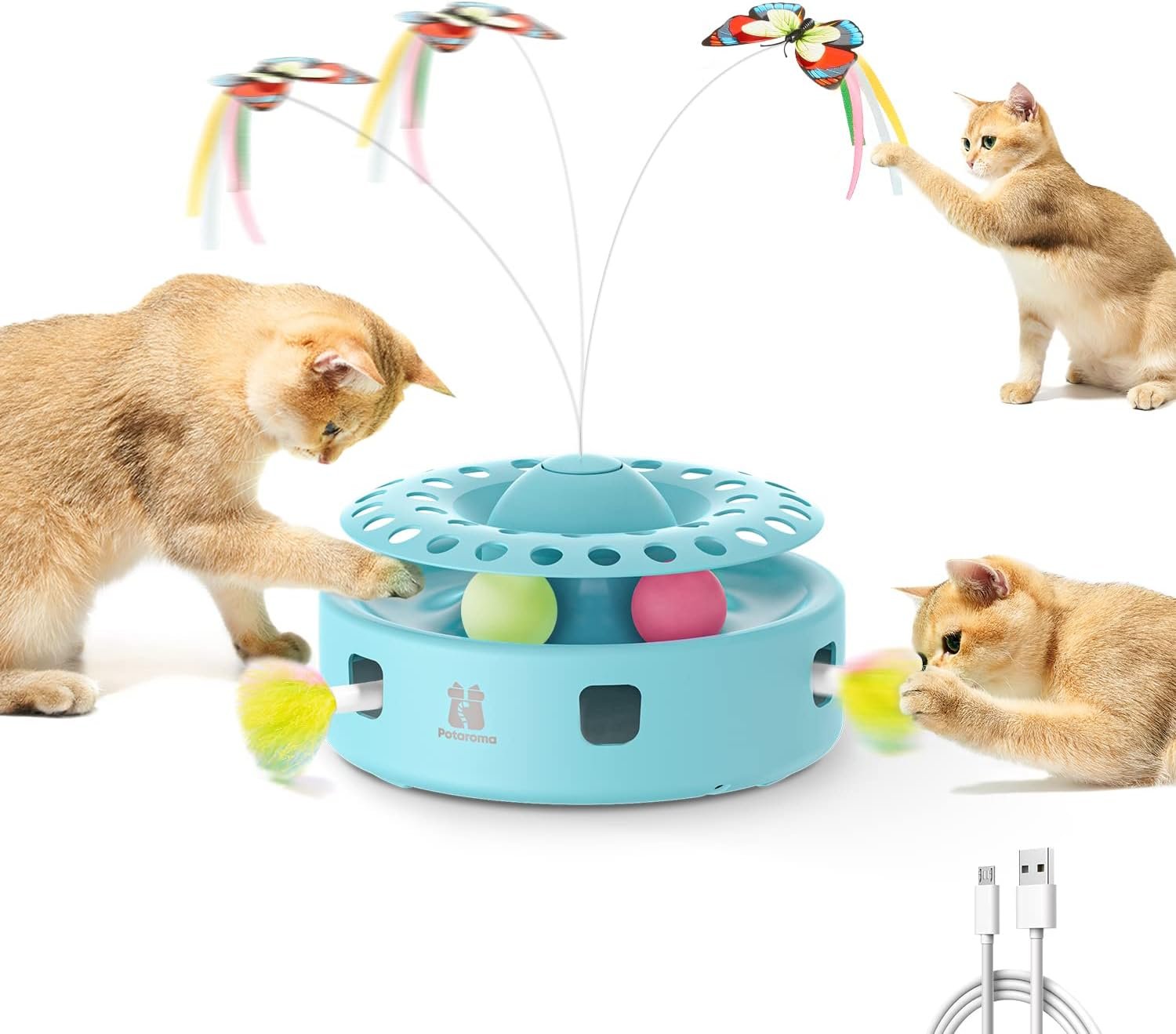 Potaroma Cat Toys 3-in-1 Automatic Interactive Kitten Toy, Fluttering Butterfly, Random Moving Ambush Feather, Track Balls, Dual Power Supplies, USB Powered, Indoor Exercise Cat Kicker (Blue) | Fluttering Butterfly, Random Moving Feather, Balls, Dual Power Supplies, USB Powered, Indoor Kitty Exercise Kicker (Blue)
