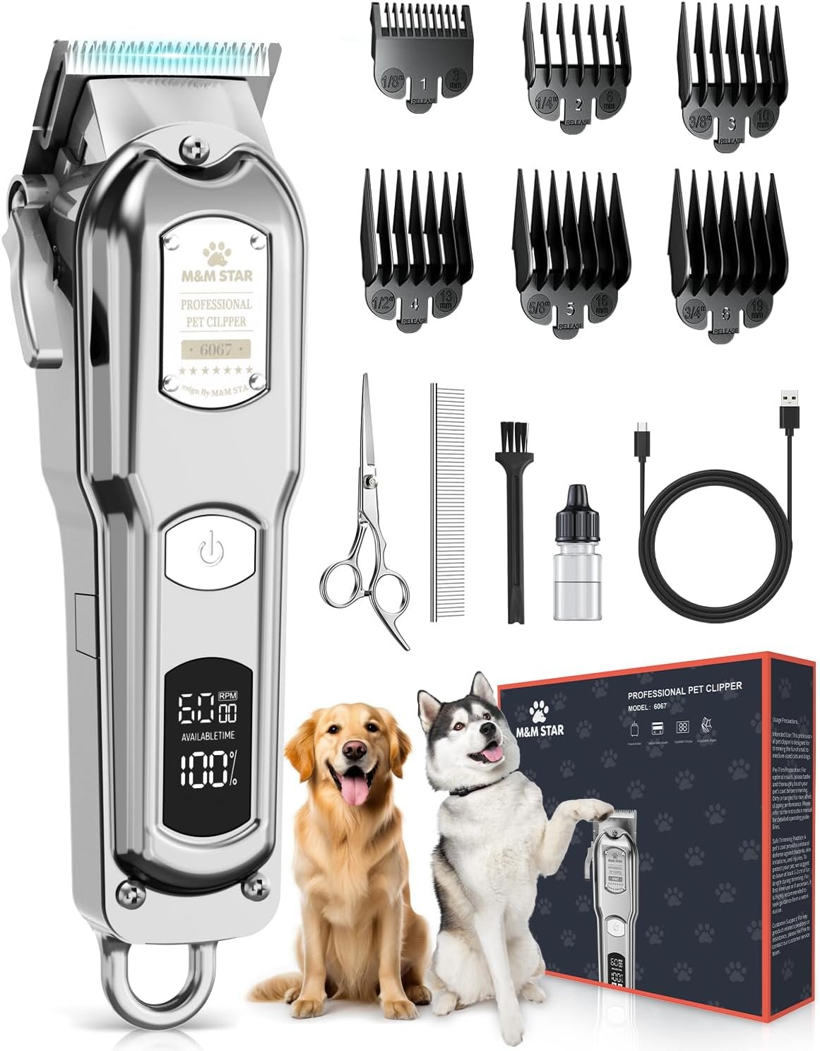 M&M STAR Dog Clippers for Grooming Thick Heavy Coats, All-Metal Body Low Noise Cordless Rechargeable Dog Hair Trimmer, Stainless Steel Blade, Professional Pet Grooming Kit for Dogs & Cats (Silver)
