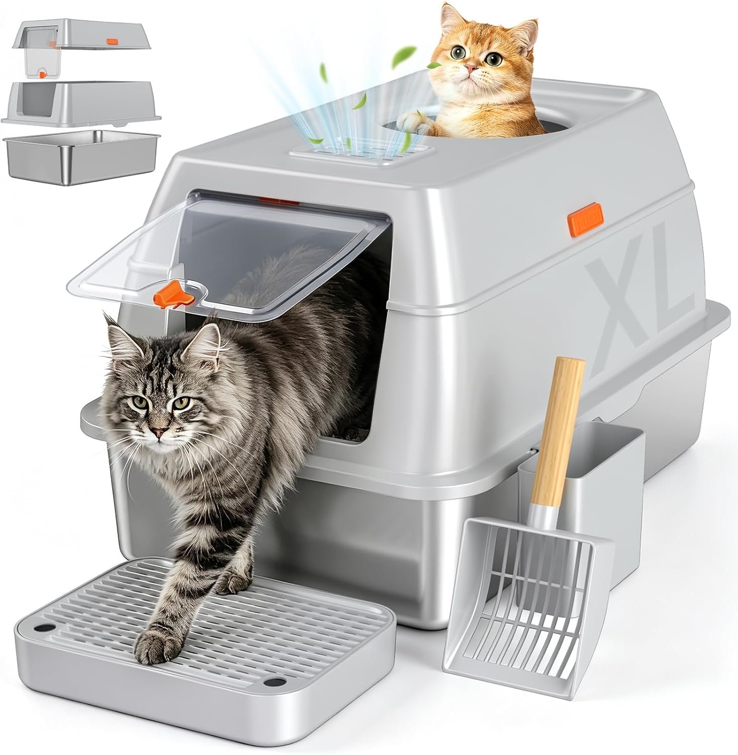 XL Enclosed Stainless Steel Litter Box with Lid, Light Gray | covered, High Sided, Rustproof & Leak Proof, Easy Clean, Odor Control, Includes Scoop & Step