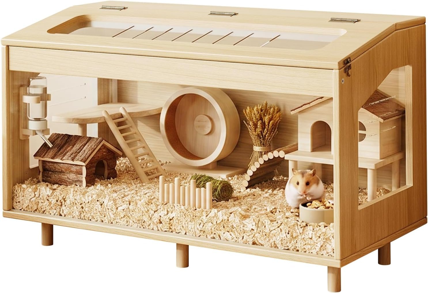 Wooden Hamster Cage, 31.5″ Large Small Animal Cage with 19.7″ Tall Habitat, Openable Top, Chew-Resistant Acrylic Panels, Wood Enclosure for Gerbil & Guinea Pig (31.5 * 15.75 * 19.7 inch)