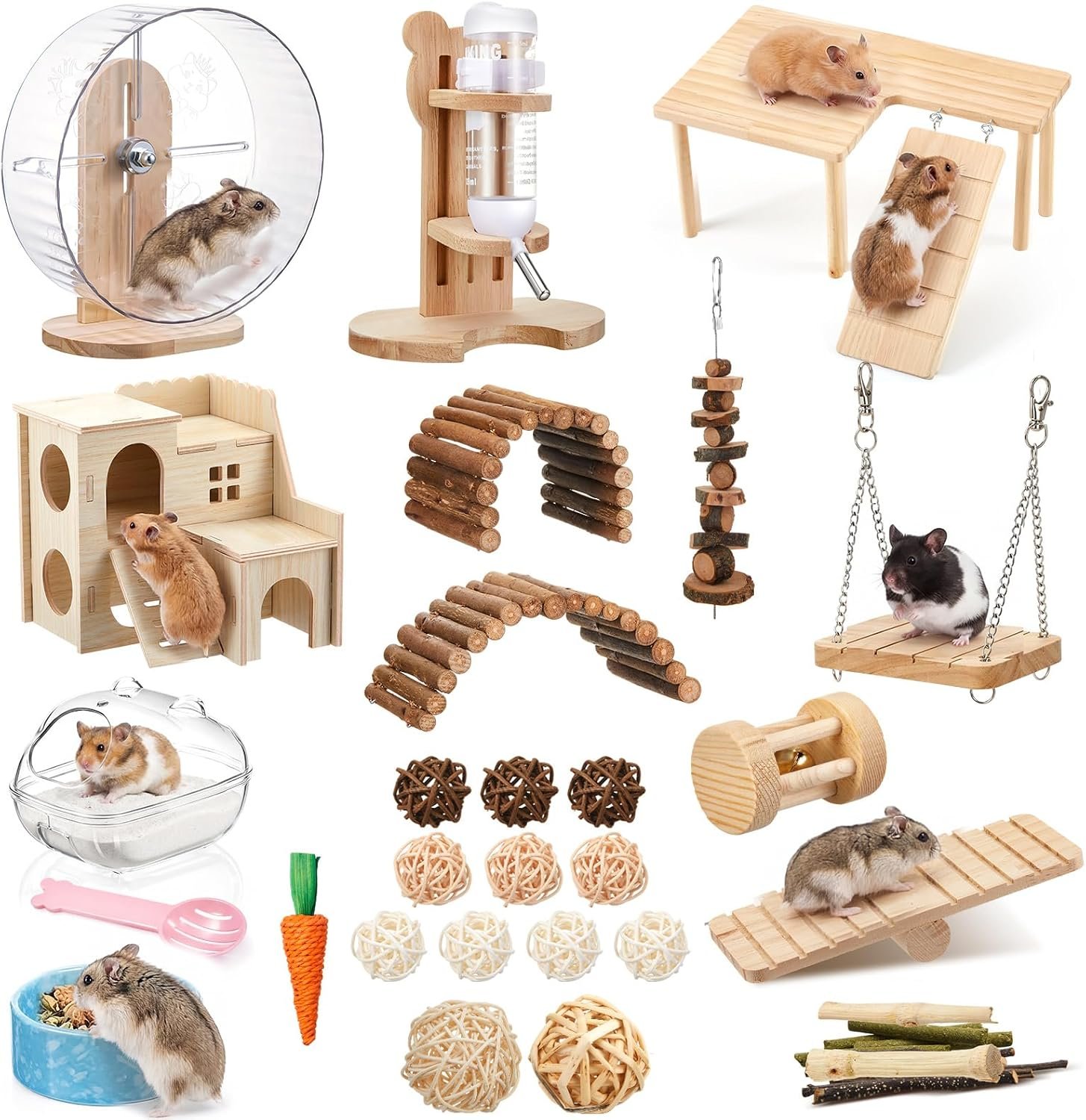 40 Pcs Hamster Cage Accessories, 9.5” Exercise Wheel, Wood Platform Hideout House, Water Bottle, Sand Bath, Bowl, Chew Toy for Syrian Hamsters Mice Gerbils Habitat Decor(Active Style)
