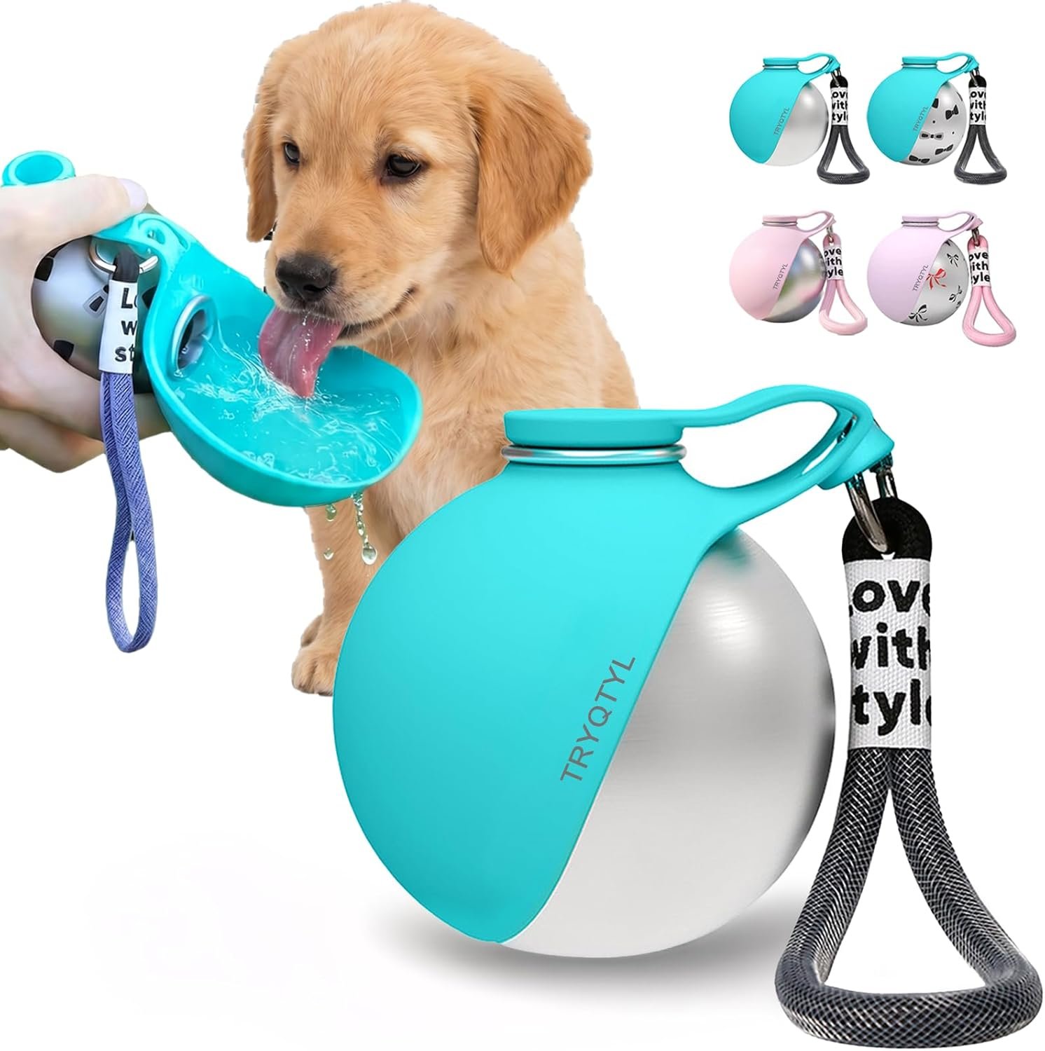 Dog Water Bottle, 10oz Stainless Steel Portable Dog Water Bottle with Foldable Silicone Bowl, 2-in-1 Portable Dog Water Bowl for Water & Food, Water Dispenser for Dogs Walking (Blue)