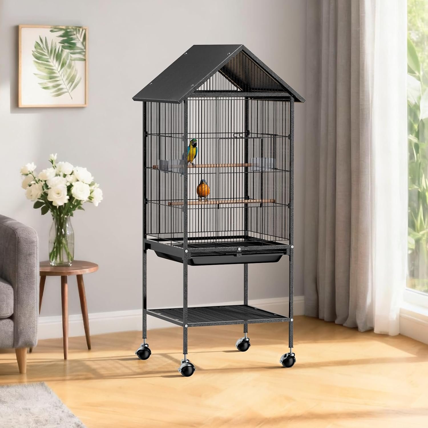 VINGLI 50″ H Bird Cage, Bird Cages with Wheels for Parrots, Cockatiels, Budgies, Lovebirds, Small/Medium Birds (50″ H with Spire Roof)