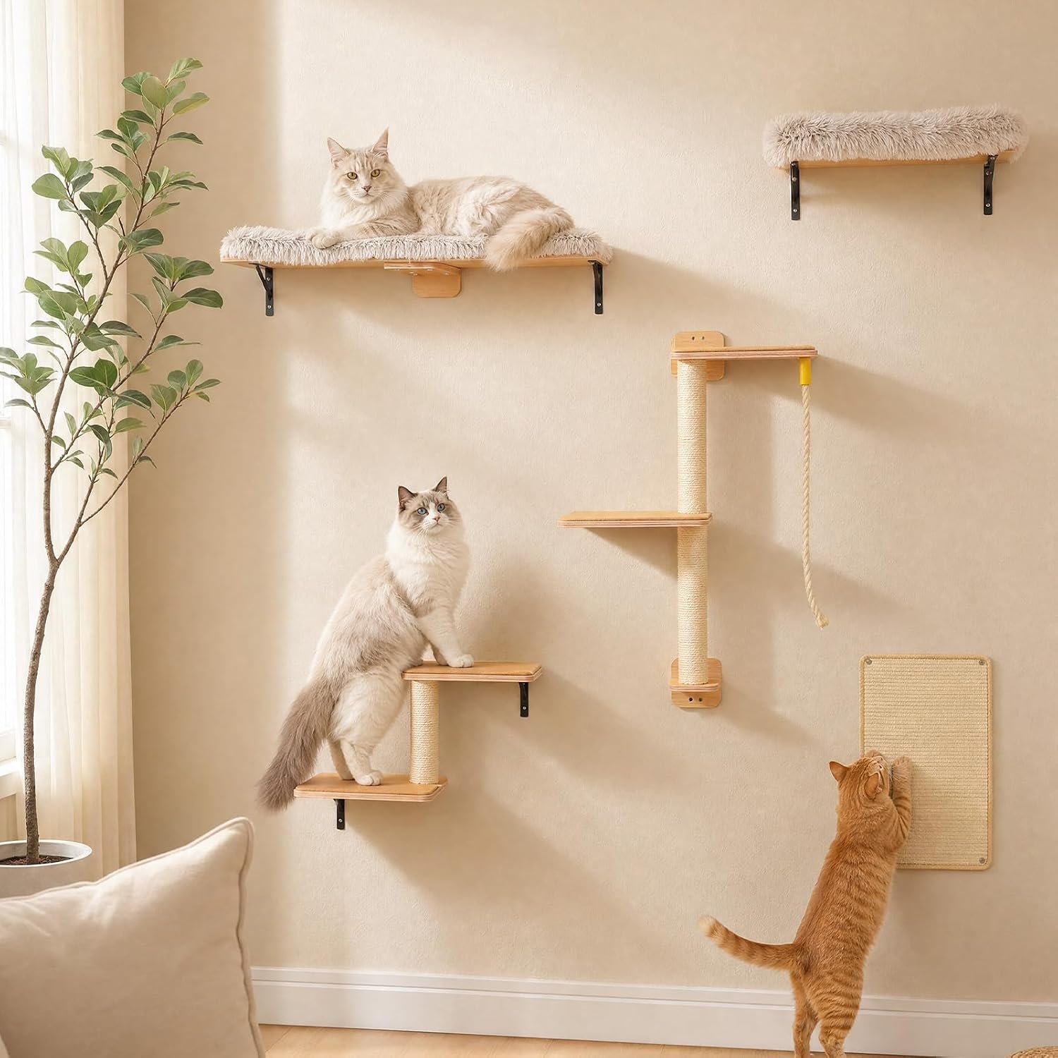PAWZ Road Cat Wall Shelves, Modern Cat Wall Furniture with Sisal Posts | 5-in-1 wall mounted cat tree ,wood cat shelves with long perch,cat wall climber holds up to 40lbs for large indoor cats