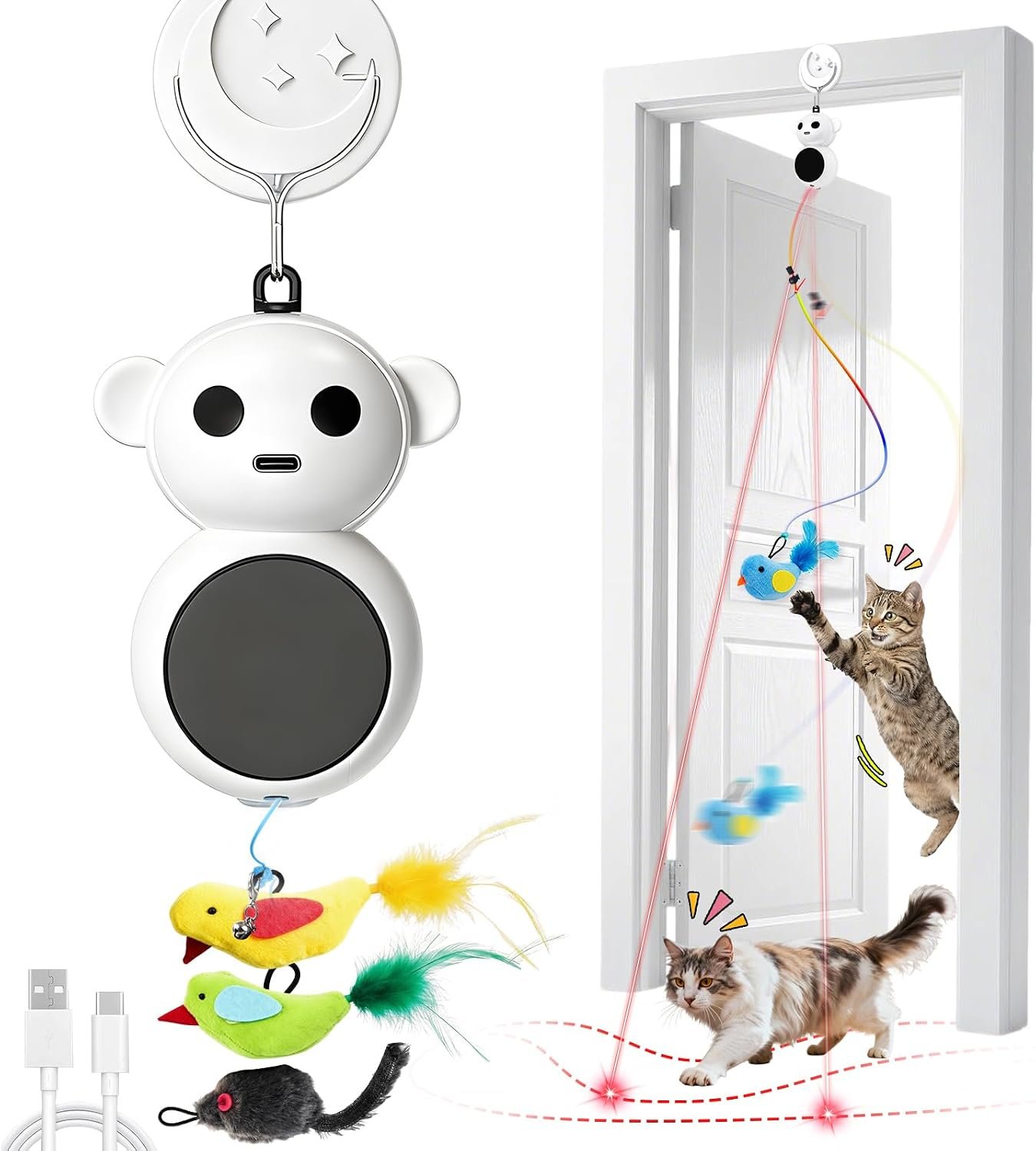 2-in-1 Interactive Laser Pointer Cat Toy & Flying Bird Wand for Indoor Cats | No-Drill Doorway Play with Adjustable Speed, USB Rechargeable, Smart Auto-Pause, Bird & Mouse Attachments