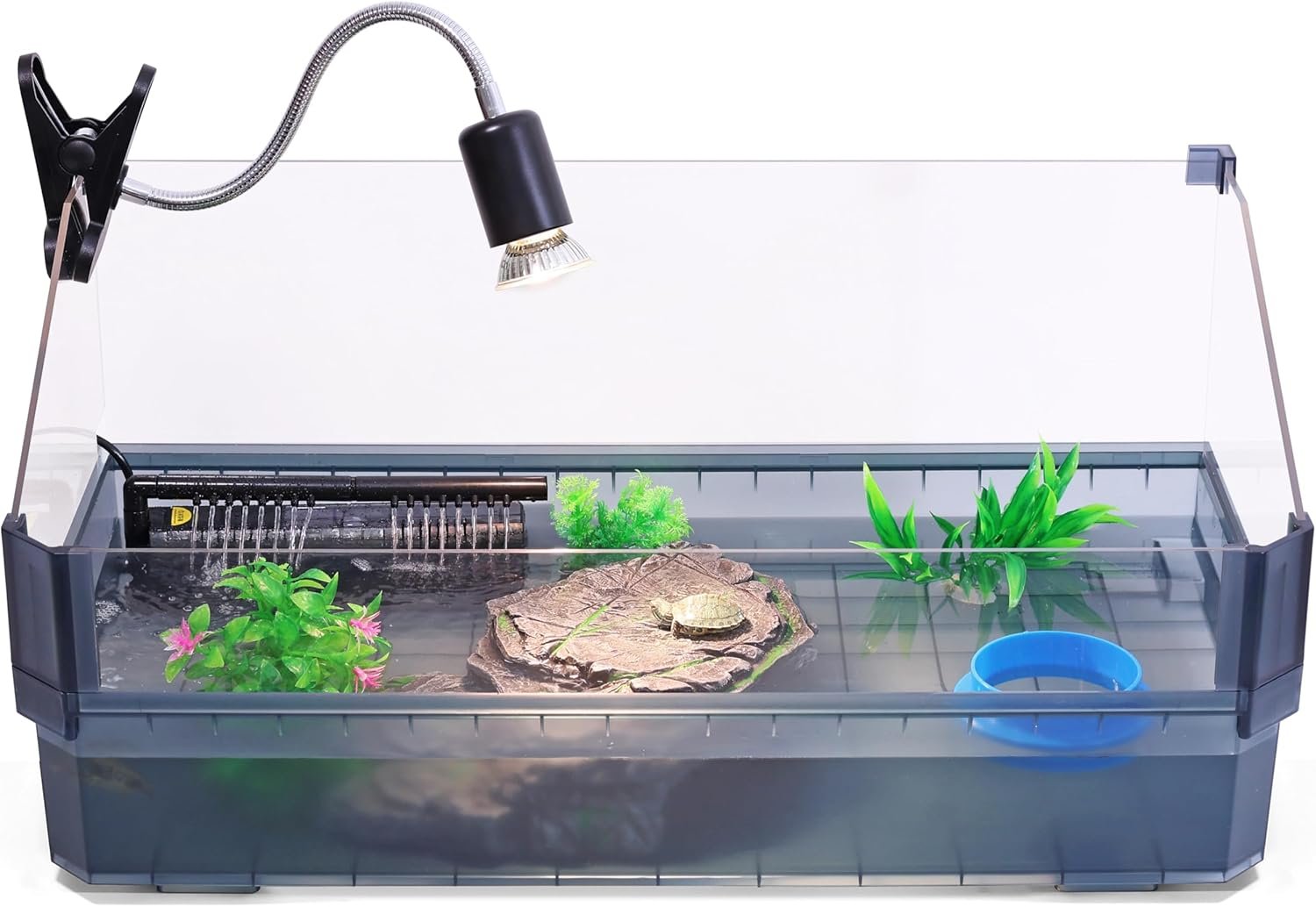 Large Turtle Tank Kit for Aquatic Turtles – Complete Starter Habitat with Filter, UVB Lamp, Basking Platform, Plants, Feeding Ring – Turtle Aquarium Kit (Black)